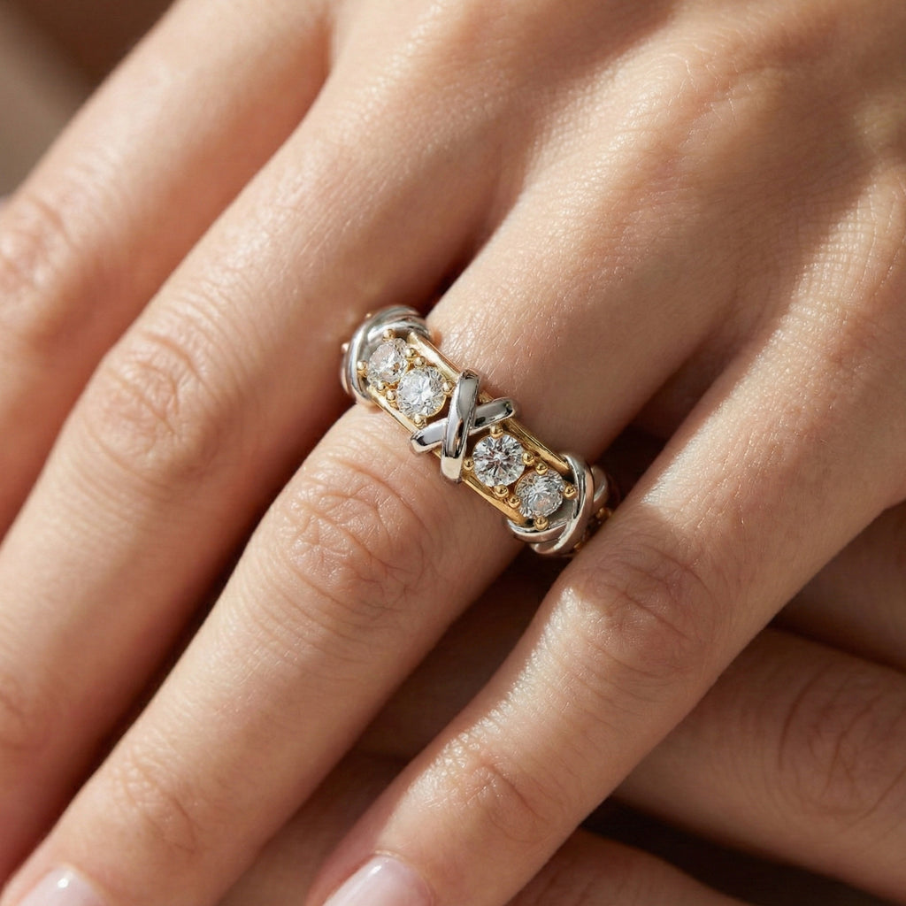 Unique X Design Eternity Wedding Band in 14K Solid Gold, 1.19 CT Round Cut Lab Created Diamond, Romantic Gift for Her