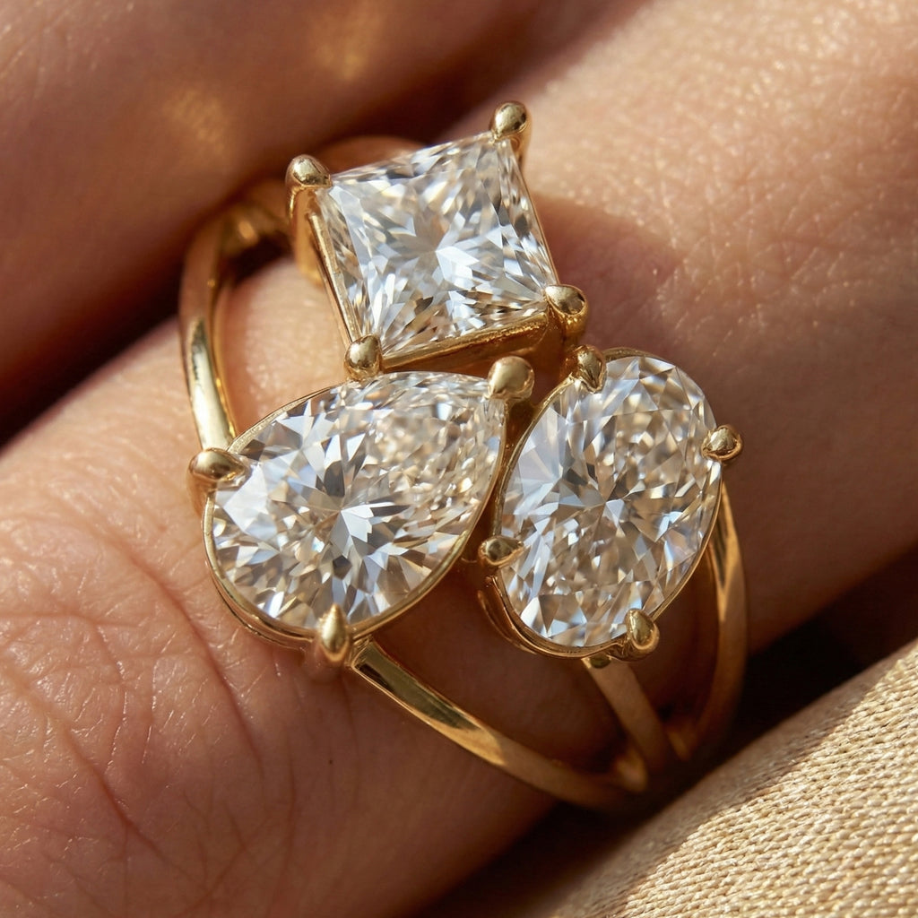 Trio Stone Split Shank Ring in Moissanite or Lab Grown Diamond – Solid 10k/14k Gold Engagement Ring, Anniversary Gift for Wife