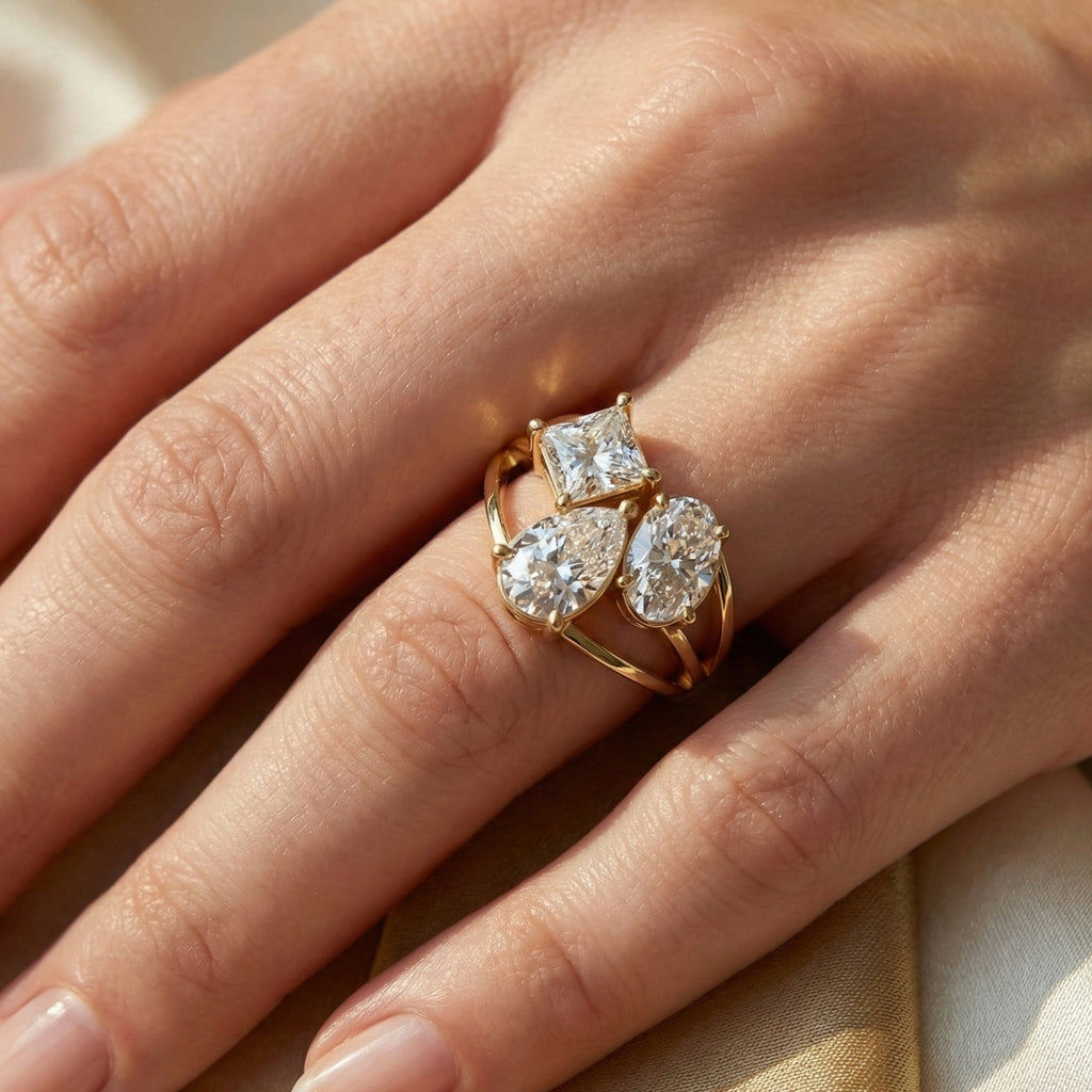 Trio Stone Split Shank Ring in Moissanite or Lab Grown Diamond – Solid 10k/14k Gold Engagement Ring, Anniversary Gift for Wife