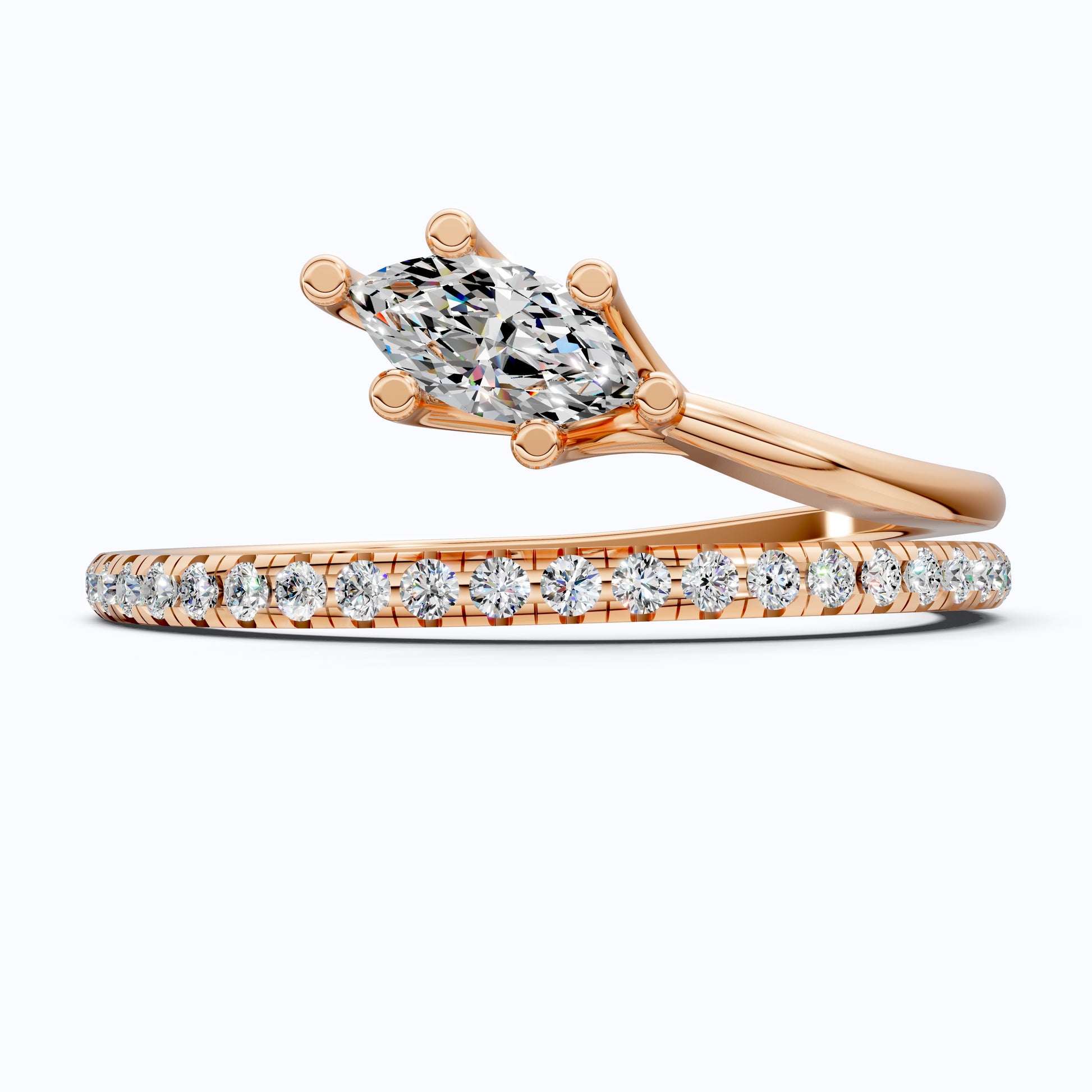 Twisted Bypass Marquise Solitaire With Pave Engagement Ring in Lab Diamond – 14k Solid Gold, Everyday Promise Ring, Weddi Gift for Her