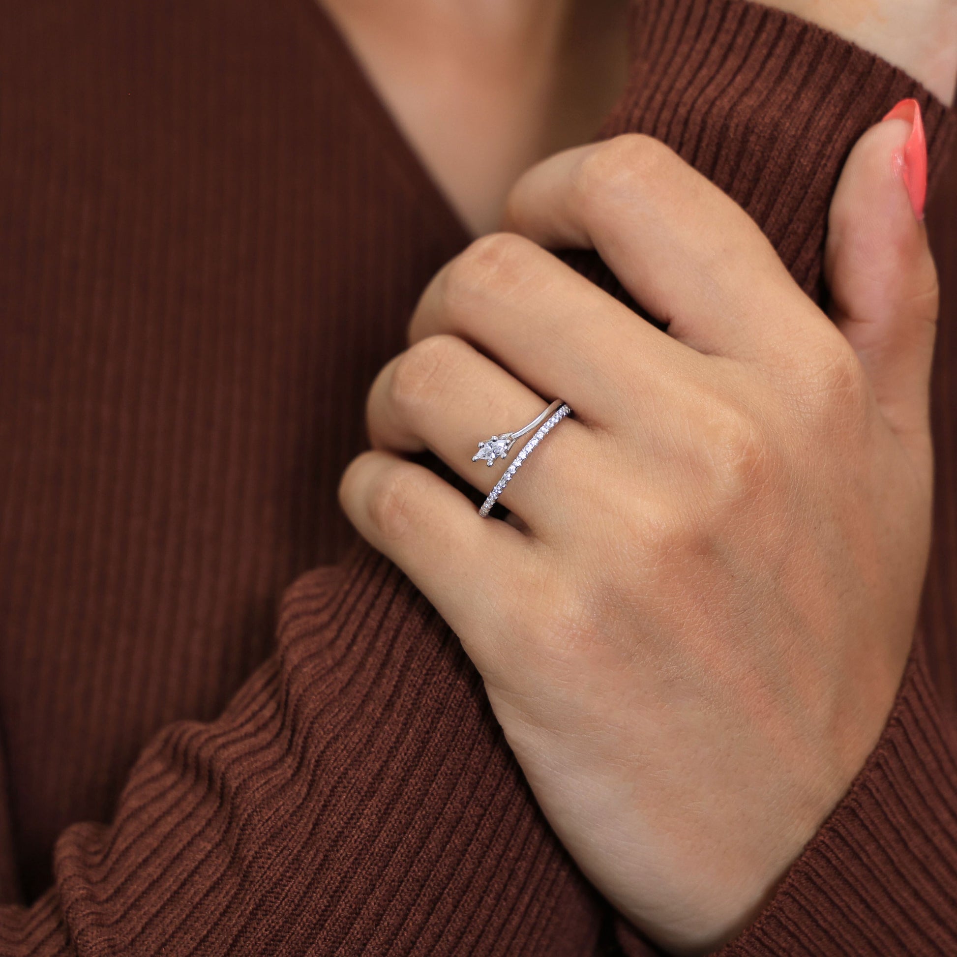 Twisted Bypass Marquise Solitaire With Pave Engagement Ring in Lab Diamond – 14k Solid Gold, Everyday Promise Ring, Weddi Gift for Her
