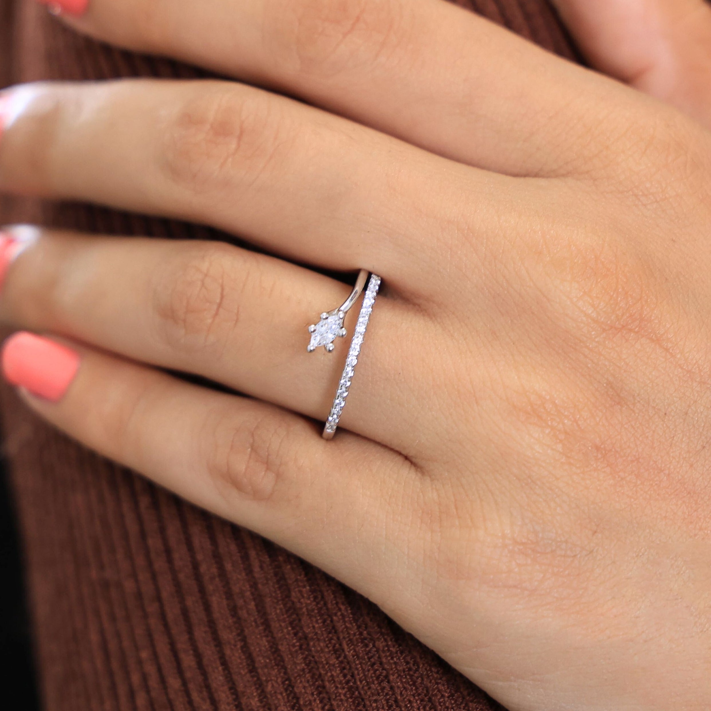Twisted Bypass Marquise Solitaire With Pave Engagement Ring in Lab Diamond – 14k Solid Gold, Everyday Promise Ring, Weddi Gift for Her