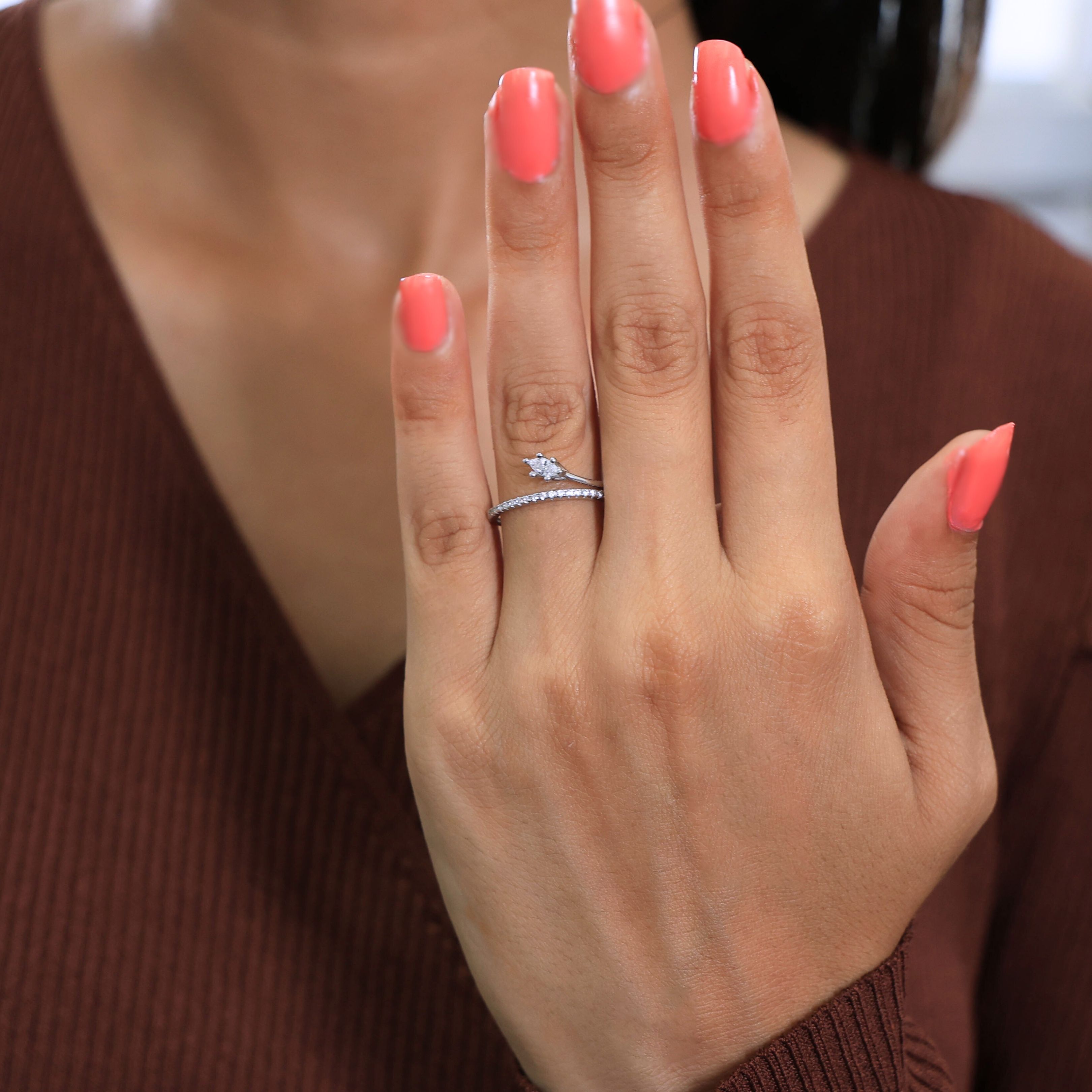 Twisted Bypass Marquise Solitaire With Pave Engagement Ring in Lab Diamond – 14k Solid Gold, Everyday Promise Ring, Weddi Gift for Her