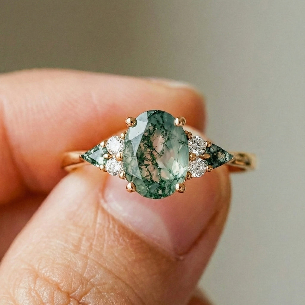Nature Inspired Oval Moss Agate Three Stone Trillion Engagement Ring in 14K Solid Gold, 2.00 CT Oval Cut Moissanite, Unique Bridal Jewelry, Everyday Unique Ring