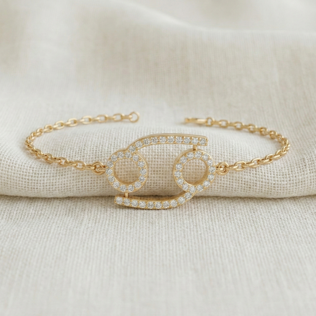 Celestial Cancer Zodiac Sign Chain Bracelet in Lab Diamond – 14k Solid Gold, Symbol Bracelet, Birthday Gift for Her, Anniversary Jewelry