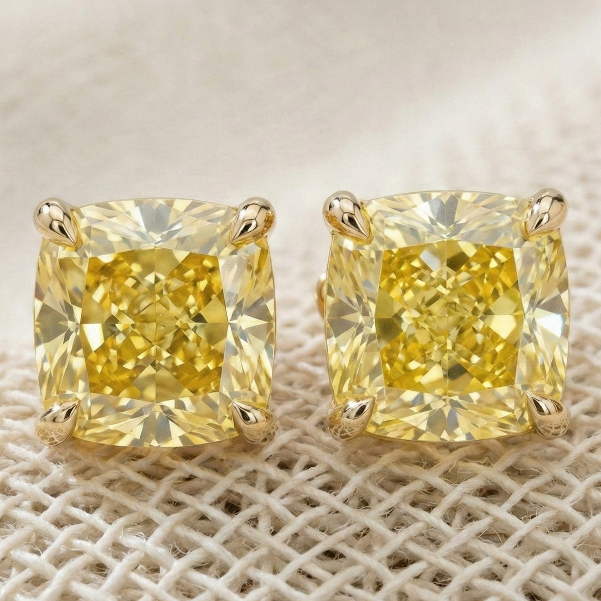 1.00 - 3.00 CT Each Stud Canary Yellow Cushion Cut Stud Earrings in Lab Diamond or Moissanite – 14K Yellow Gold, Anniversary Gift for Women