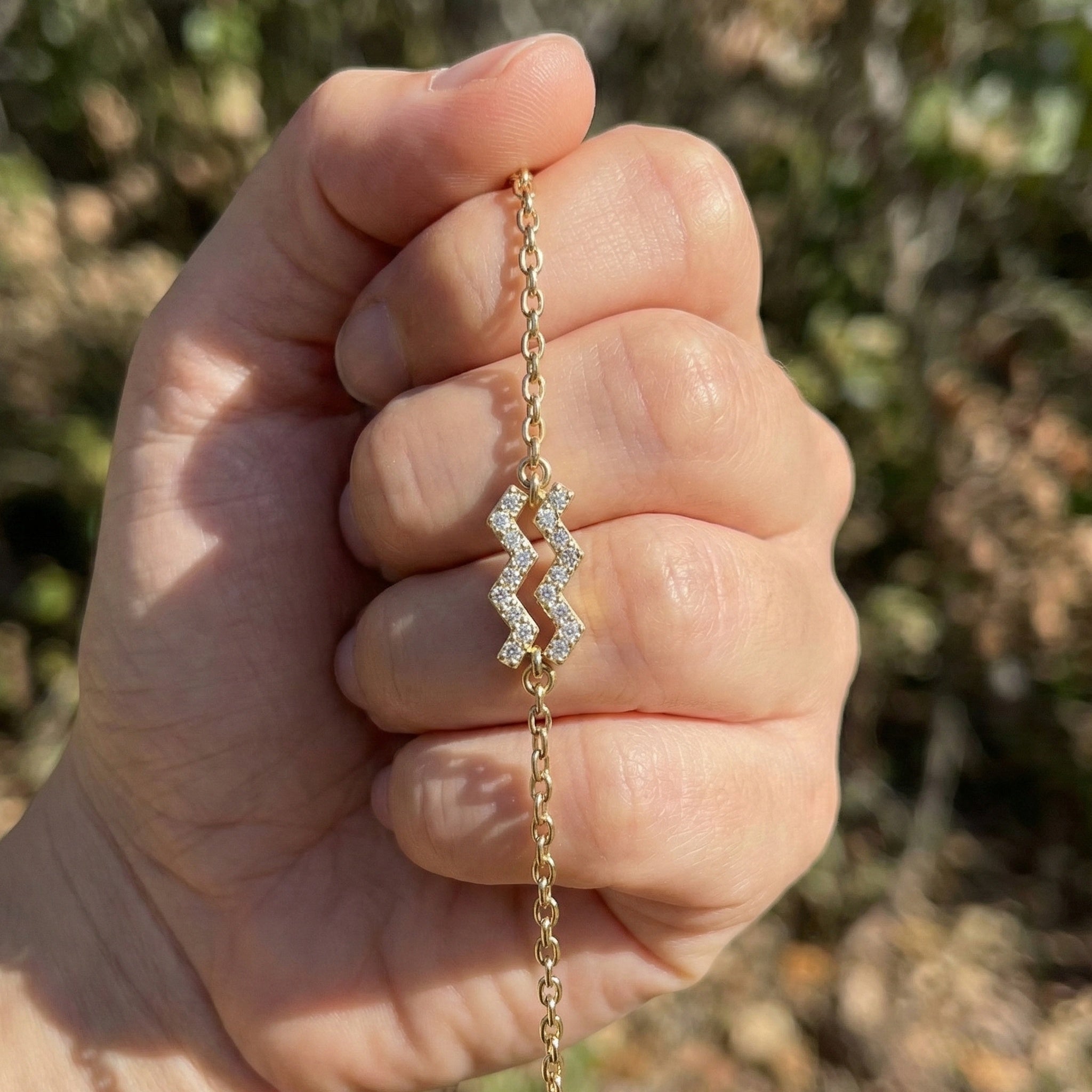 Dainty Aquarius Zodiac Sign Chain Bracelet in 14K Solid Gold, 0.18 TCW Round Cut Lab Created Diamonds, Birthstone Gift for Her, Stacking Celestial Jewelry