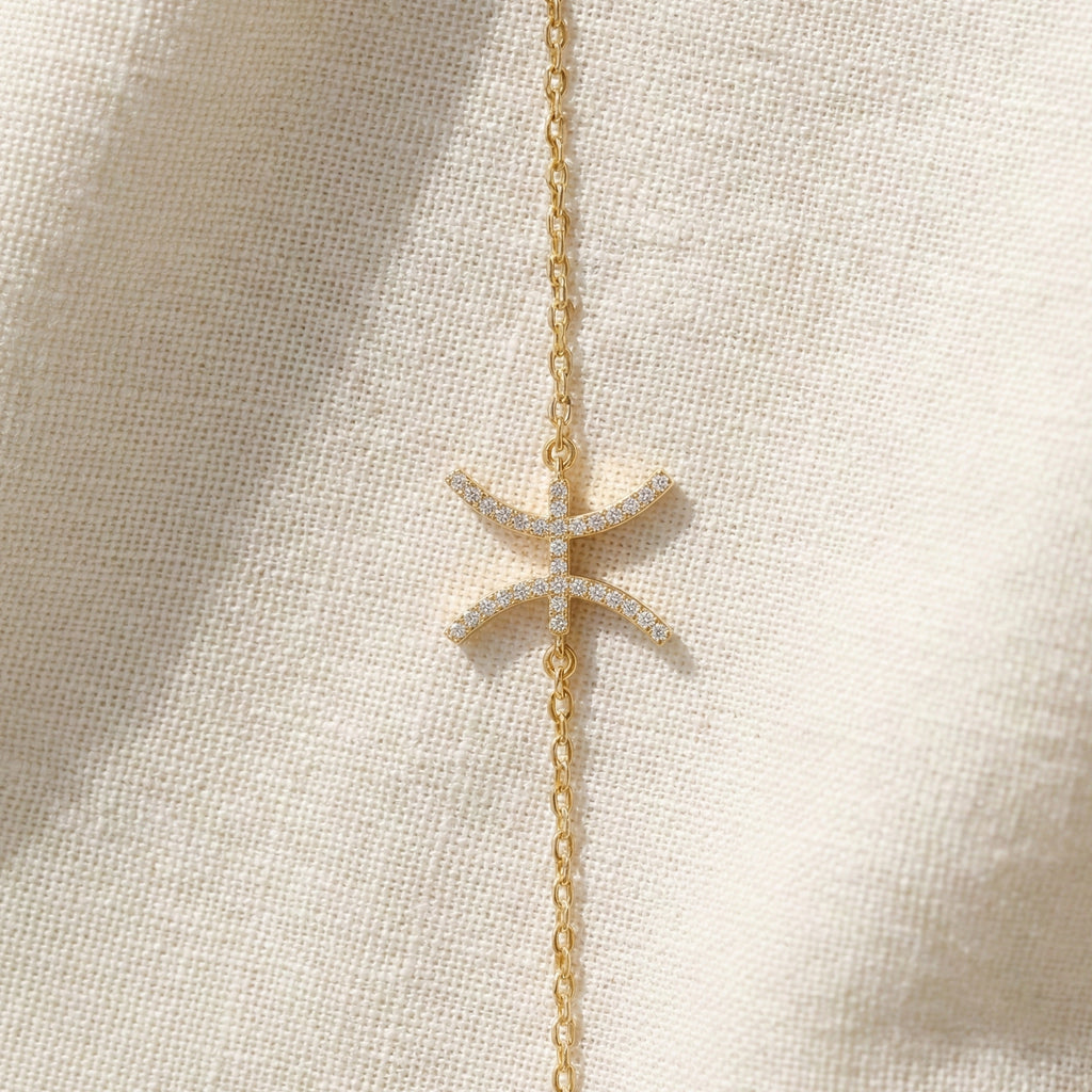 Celestial Pisces Zodiac Bracelet in 14K Solid Gold, 0.32 TCW Round Cut Lab Created Diamonds, Gift for Her, Astrology Jewelry