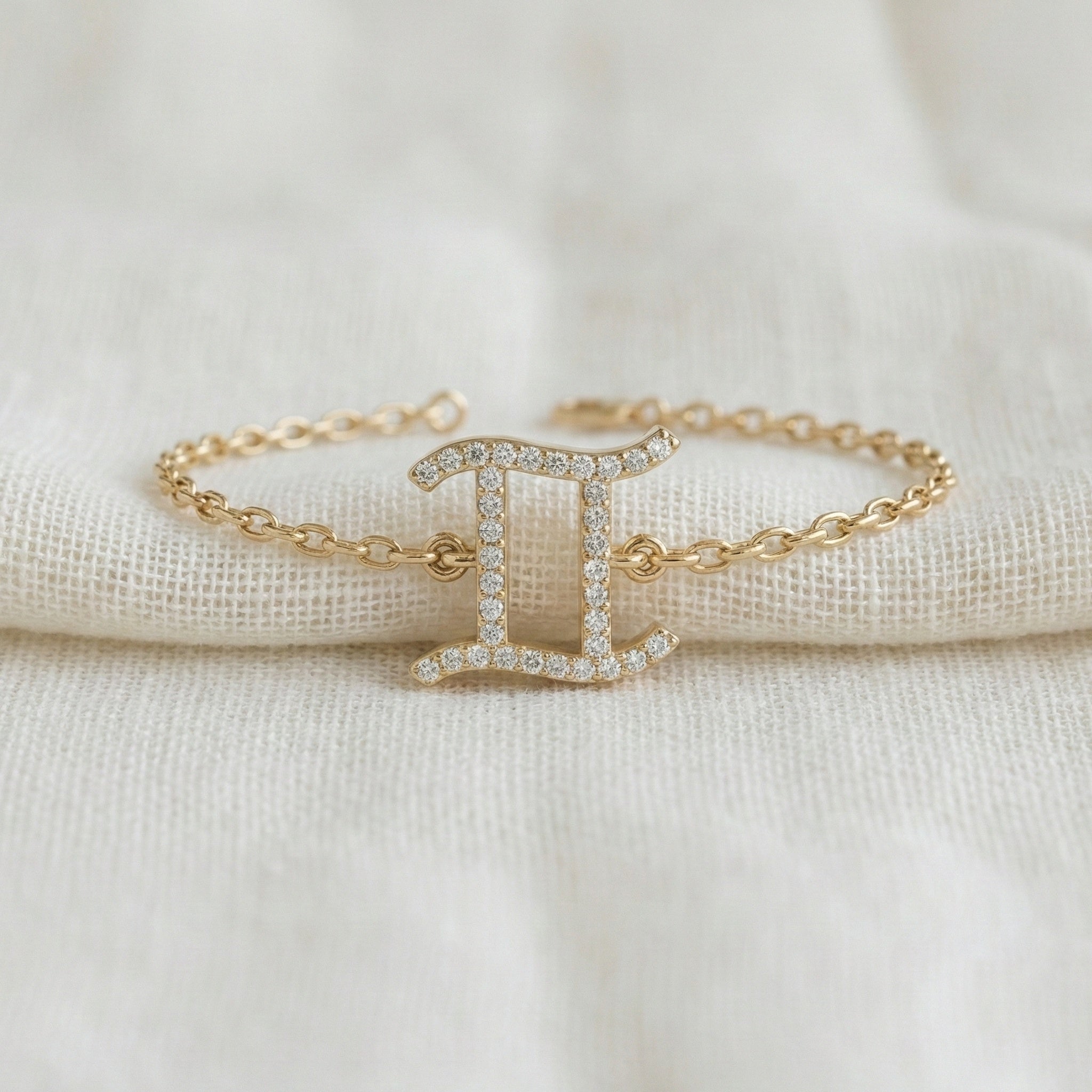 Stacking Gemini Zodiac Sign Bracelet in 14K Solid Gold, 0.34 TCW Round Cut Lab Grown Diamonds, Dainty Charm, Astrology Gift Jewelry