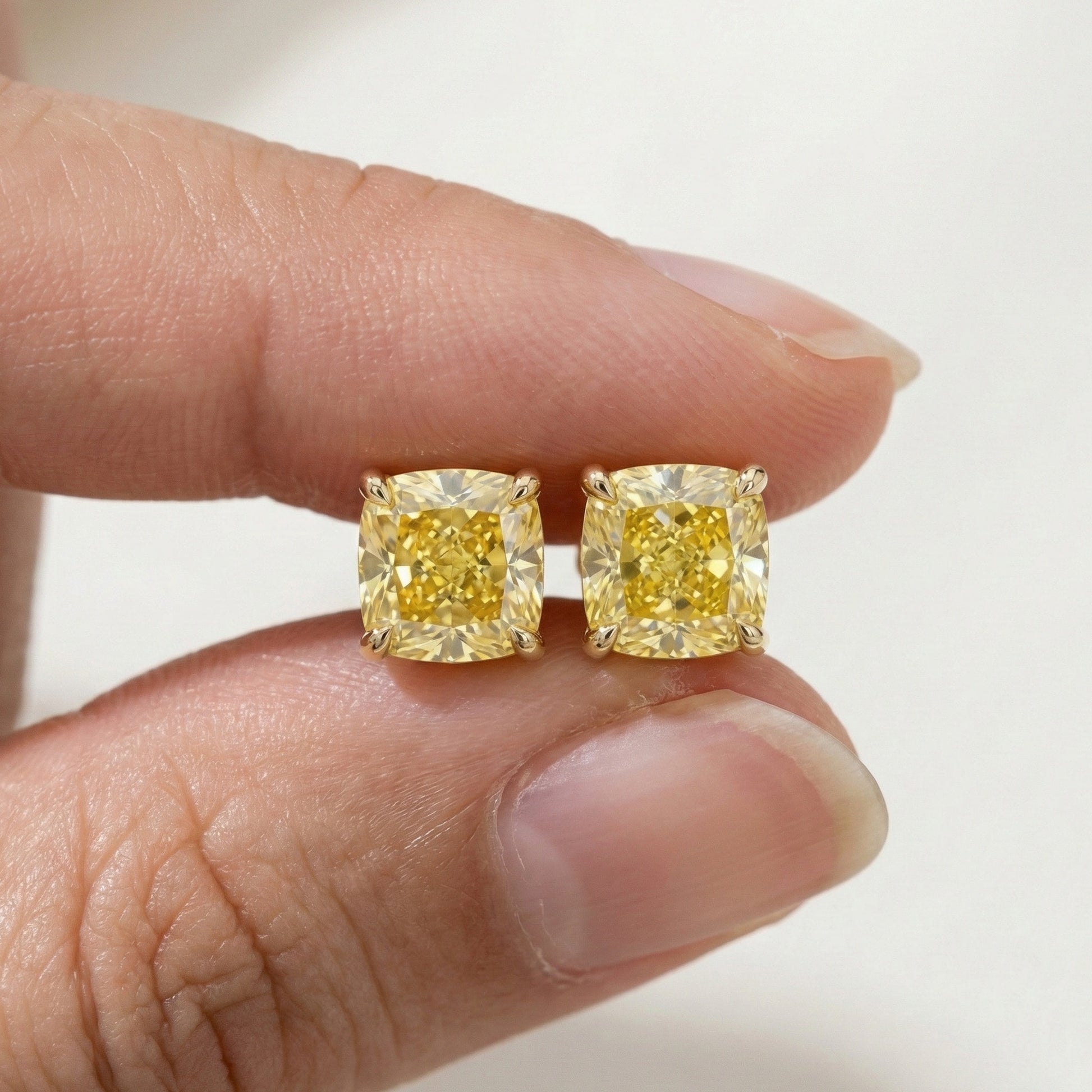 1.00 - 3.00 CT Each Stud Canary Yellow Cushion Cut Stud Earrings in Lab Diamond or Moissanite – 14K Yellow Gold, Anniversary Gift for Women