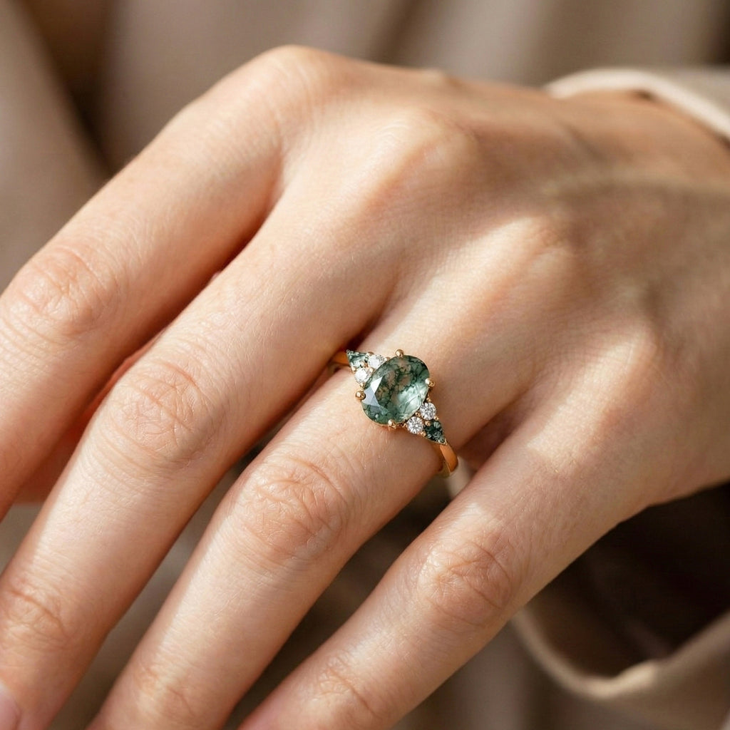 Nature Inspired Oval Moss Agate Three Stone Trillion Engagement Ring in 14K Solid Gold, 2.00 CT Oval Cut Moissanite, Unique Bridal Jewelry, Everyday Unique Ring