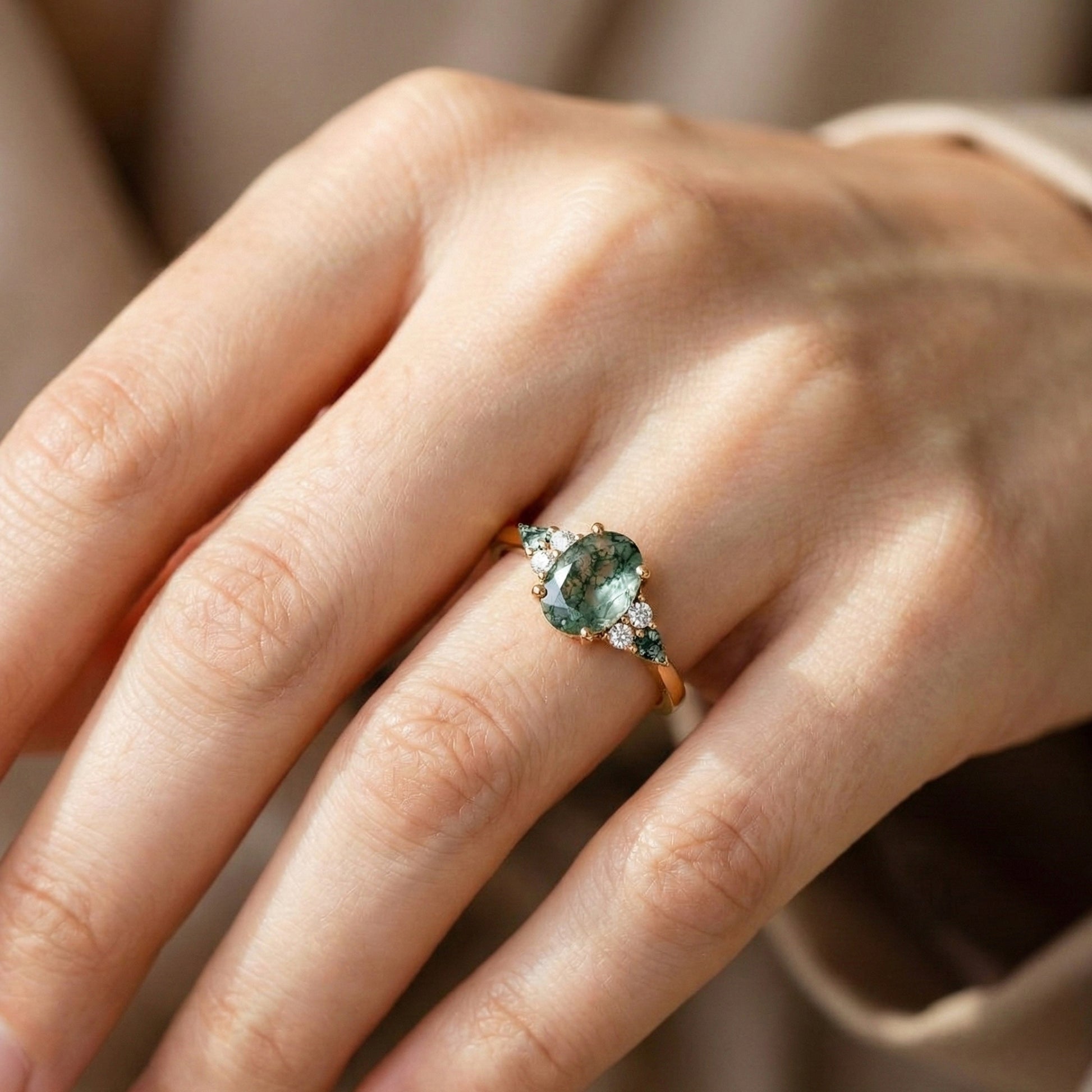 Nature Inspired Oval Moss Agate Three Stone Trillion Engagement Ring in 14K Solid Gold, 2.00 CT Oval Cut Moissanite, Unique Bridal Jewelry, Everyday Unique Ring