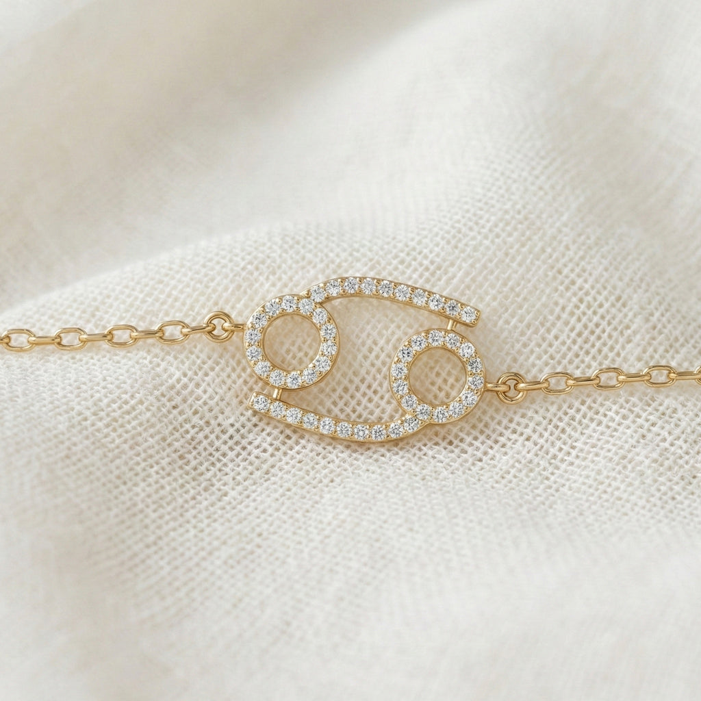 Celestial Cancer Zodiac Sign Chain Bracelet in Lab Diamond – 14k Solid Gold, Symbol Bracelet, Birthday Gift for Her, Anniversary Jewelry