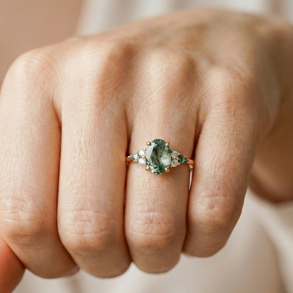 Nature Inspired Oval Moss Agate Three Stone Trillion Engagement Ring in 14K Solid Gold, 2.00 CT Oval Cut Moissanite, Unique Bridal Jewelry, Everyday Unique Ring