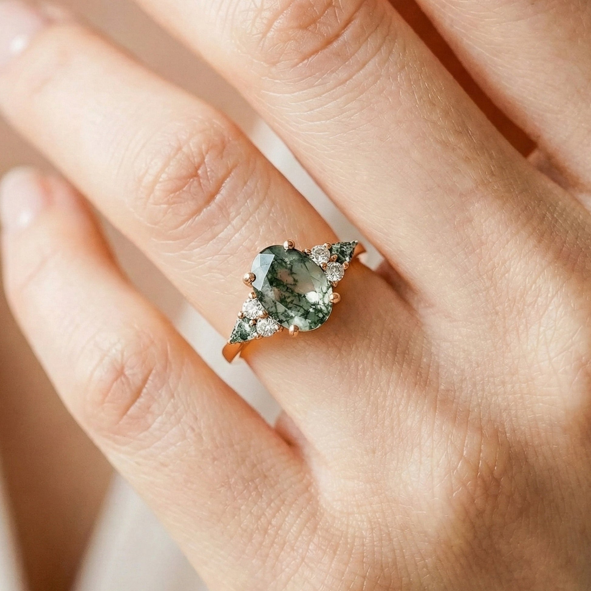Nature Inspired Oval Moss Agate Three Stone Trillion Engagement Ring in 14K Solid Gold, 2.00 CT Oval Cut Moissanite, Unique Bridal Jewelry, Everyday Unique Ring