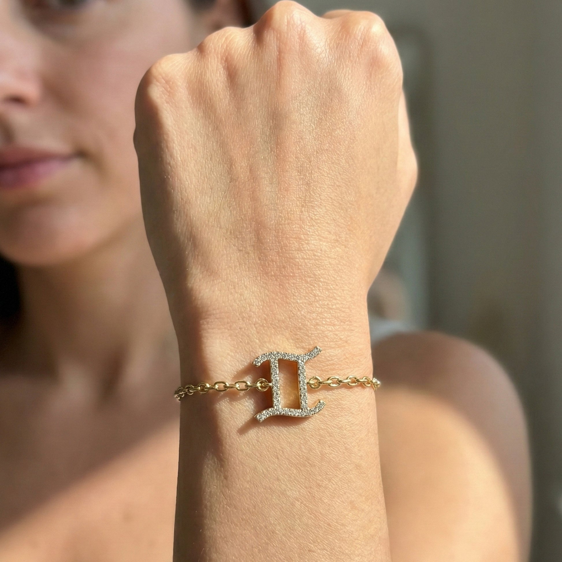 Stacking Gemini Zodiac Sign Bracelet in 14K Solid Gold, 0.34 TCW Round Cut Lab Grown Diamonds, Dainty Charm, Astrology Gift Jewelry