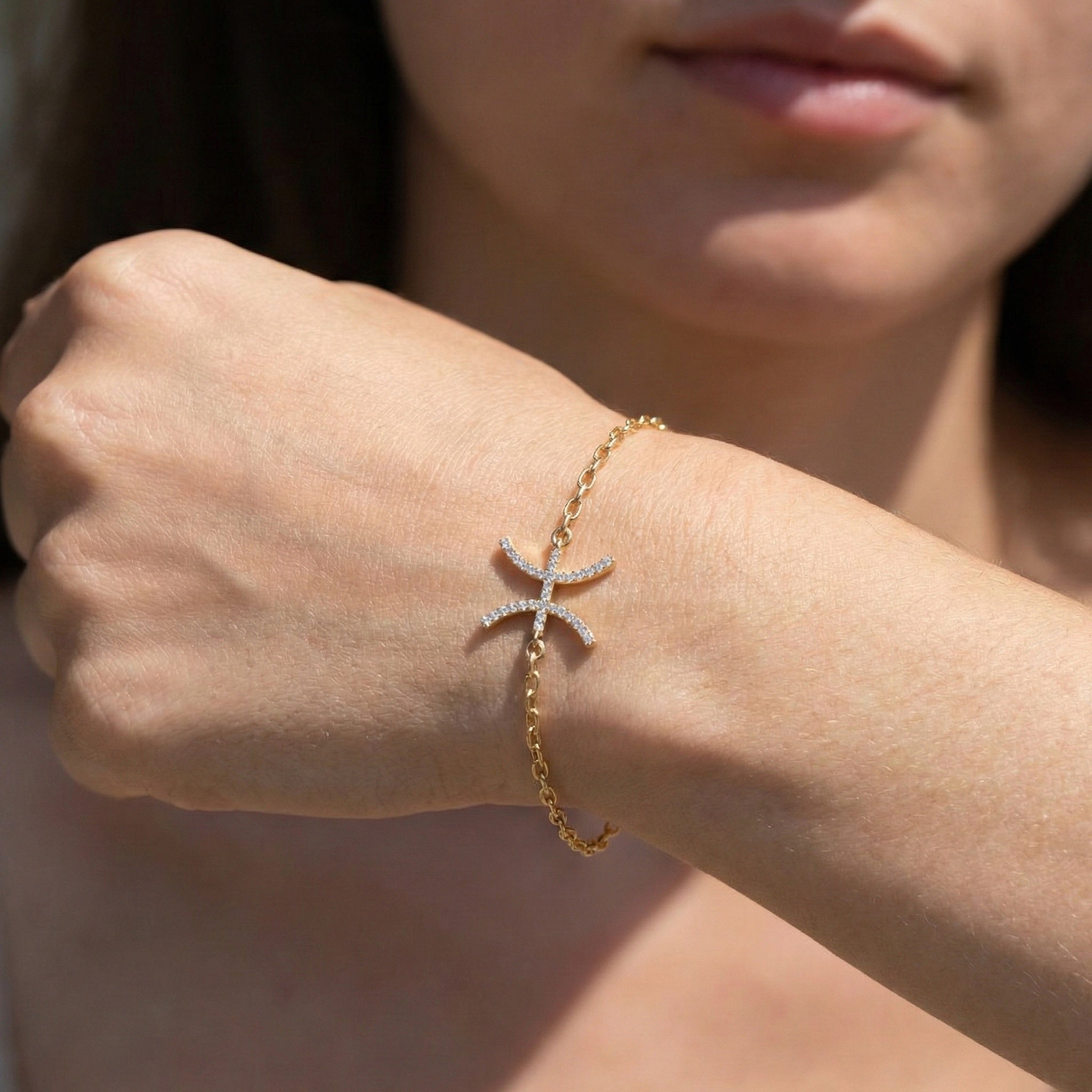 Celestial Pisces Zodiac Bracelet in 14K Solid Gold, 0.32 TCW Round Cut Lab Created Diamonds, Gift for Her, Astrology Jewelry