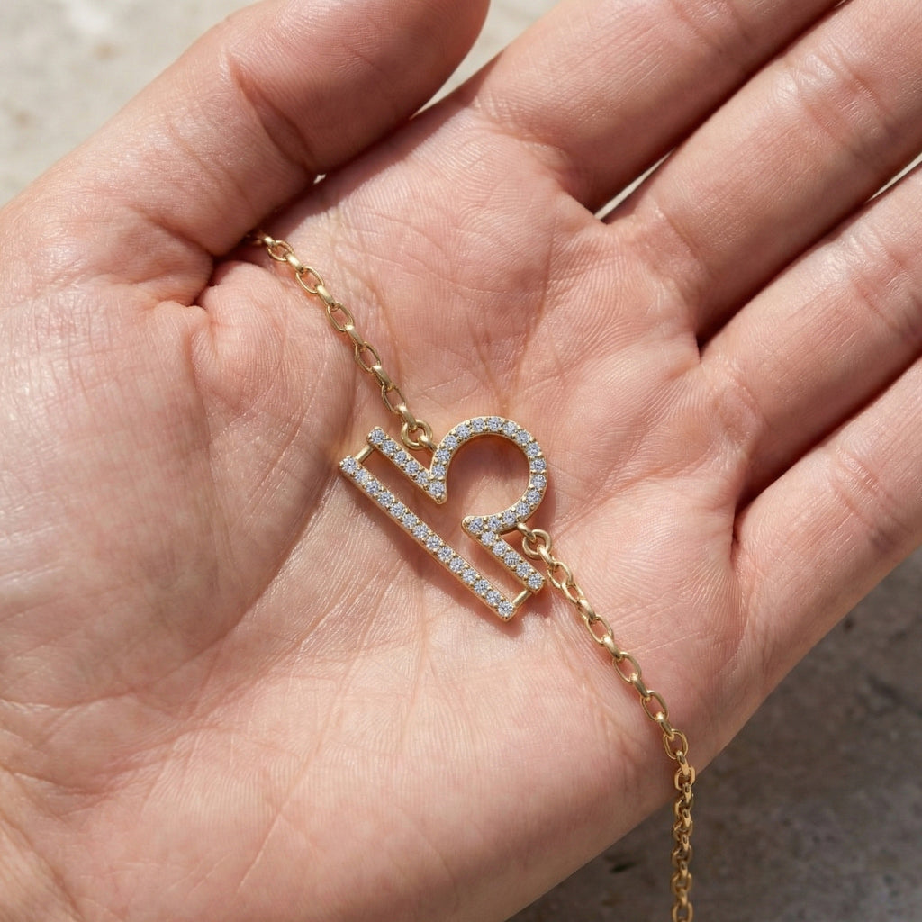 Libra Zodiac Sign Chain Bracelet in 14K Solid Gold, 0.42 TCW Round Cut Lab Created Diamonds, Dainty Chain, Gift for Her, Fashion Jewelry