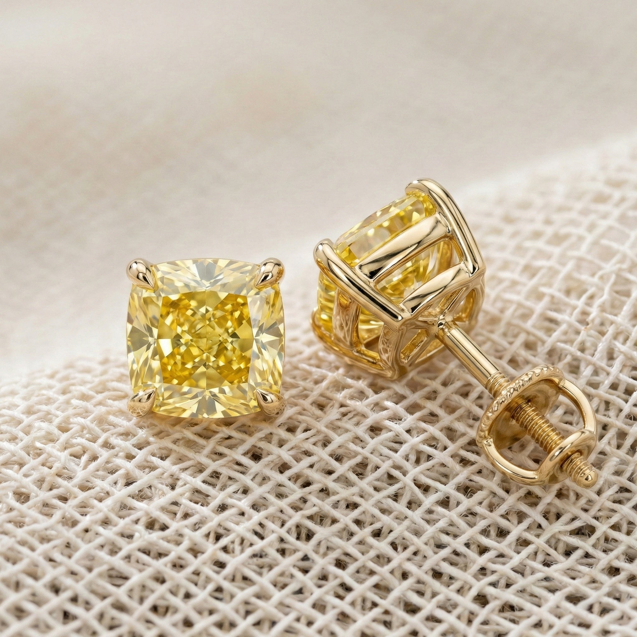 1.00 - 3.00 CT Each Stud Canary Yellow Cushion Cut Stud Earrings in Lab Diamond or Moissanite – 14K Yellow Gold, Anniversary Gift for Women
