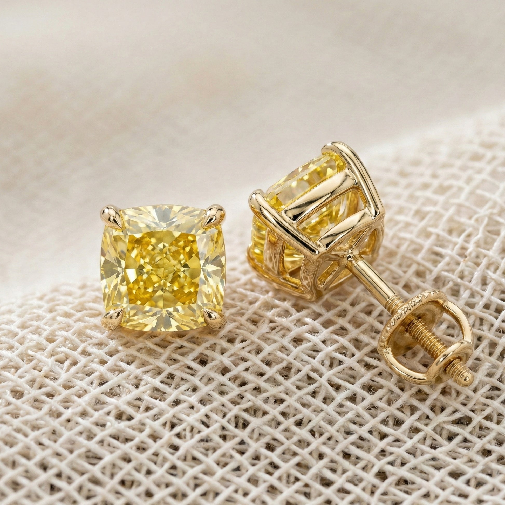 1.00 - 3.00 CT Each Stud Canary Yellow Cushion Cut Stud Earrings in Lab Diamond or Moissanite – 14K Yellow Gold, Anniversary Gift for Women