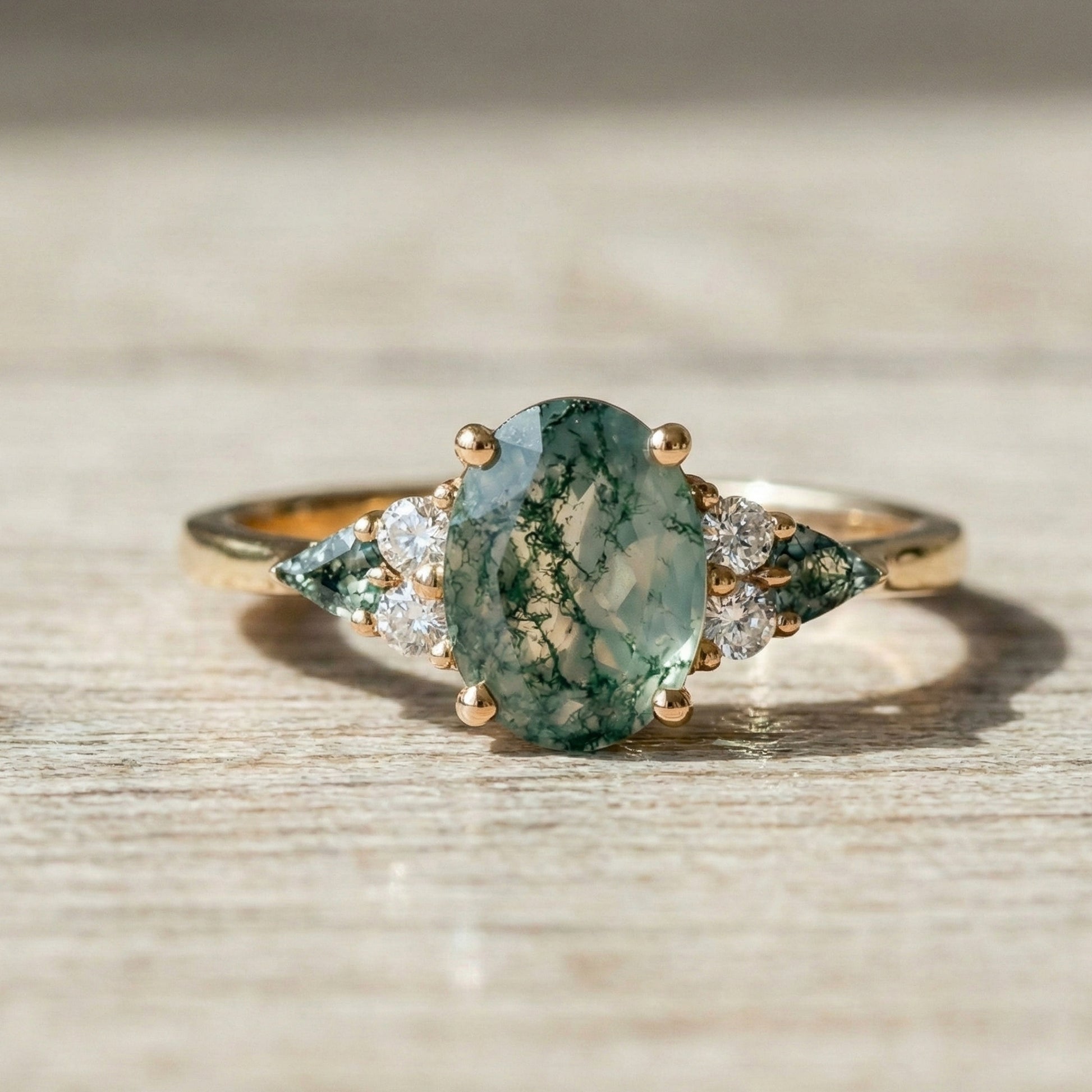 Nature Inspired Oval Moss Agate Three Stone Trillion Engagement Ring in 14K Solid Gold, 2.00 CT Oval Cut Moissanite, Unique Bridal Jewelry, Everyday Unique Ring