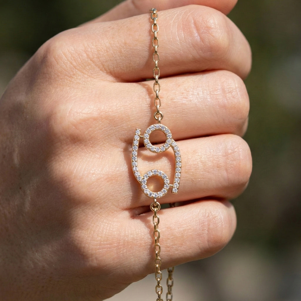 Celestial Cancer Zodiac Sign Chain Bracelet in Lab Diamond – 14k Solid Gold, Symbol Bracelet, Birthday Gift for Her, Anniversary Jewelry