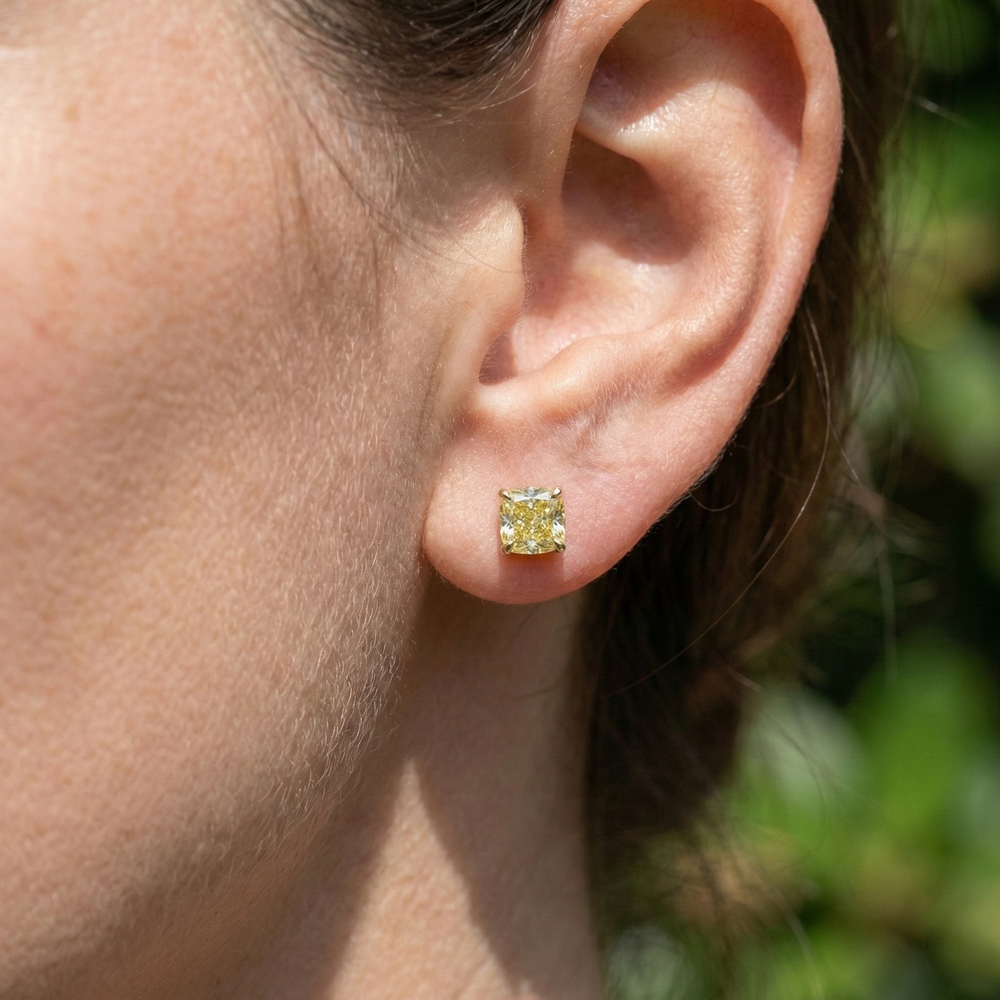 1.00 - 3.00 CT Each Stud Canary Yellow Cushion Cut Stud Earrings in Lab Diamond or Moissanite – 14K Yellow Gold, Anniversary Gift for Women