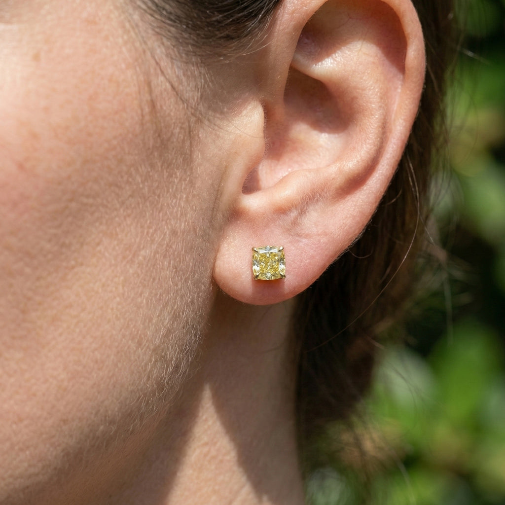 1.00 - 3.00 CT Each Stud Canary Yellow Cushion Cut Stud Earrings in Lab Diamond or Moissanite – 14K Yellow Gold, Anniversary Gift for Women