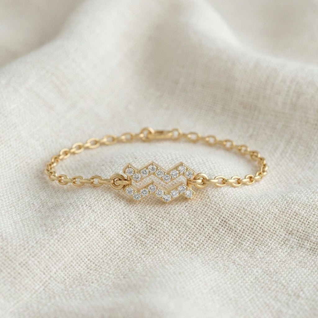 Dainty Aquarius Zodiac Sign Chain Bracelet in 14K Solid Gold, 0.18 TCW Round Cut Lab Created Diamonds, Birthstone Gift for Her, Stacking Celestial Jewelry