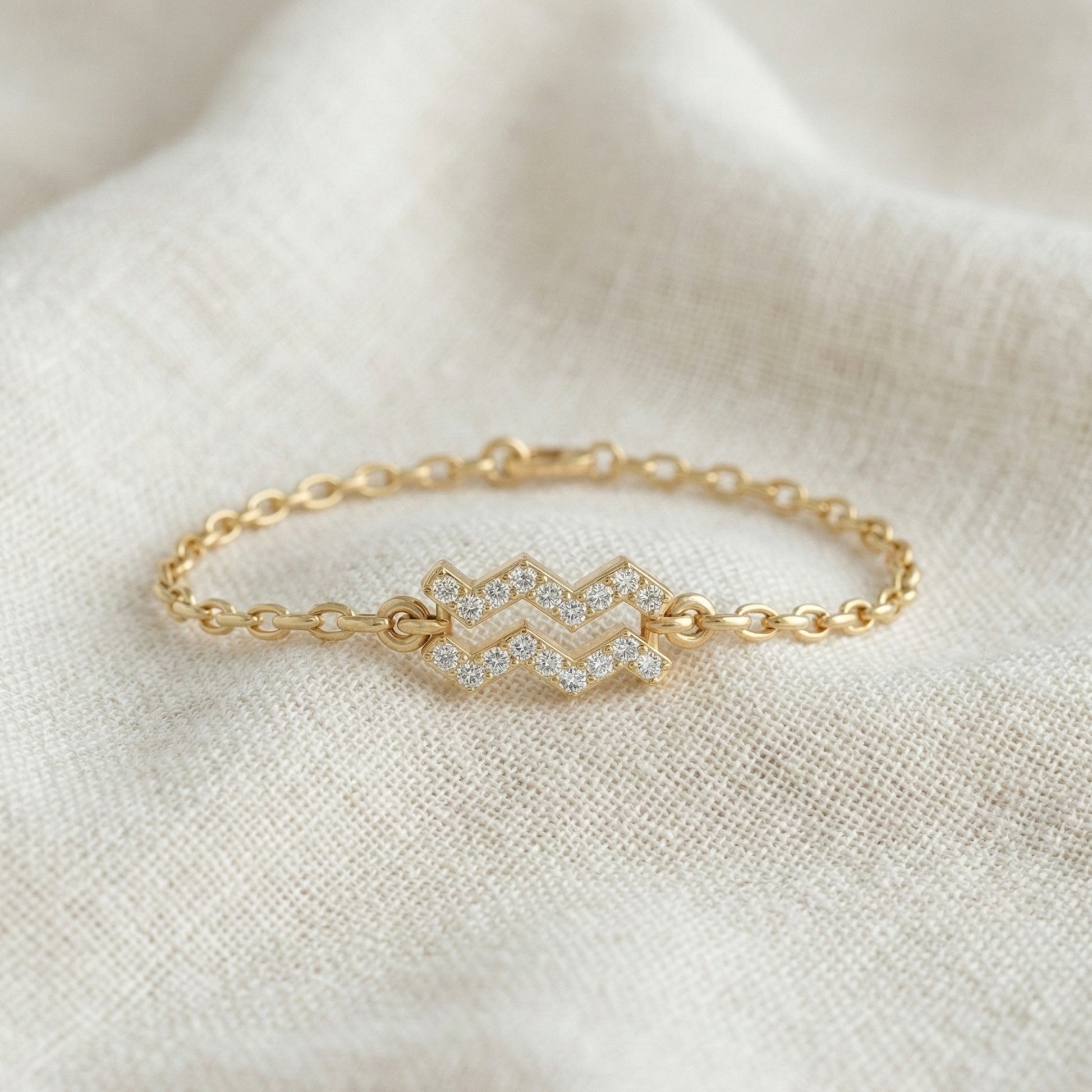 Dainty Aquarius Zodiac Sign Chain Bracelet in 14K Solid Gold, 0.18 TCW Round Cut Lab Created Diamonds, Birthstone Gift for Her, Stacking Celestial Jewelry