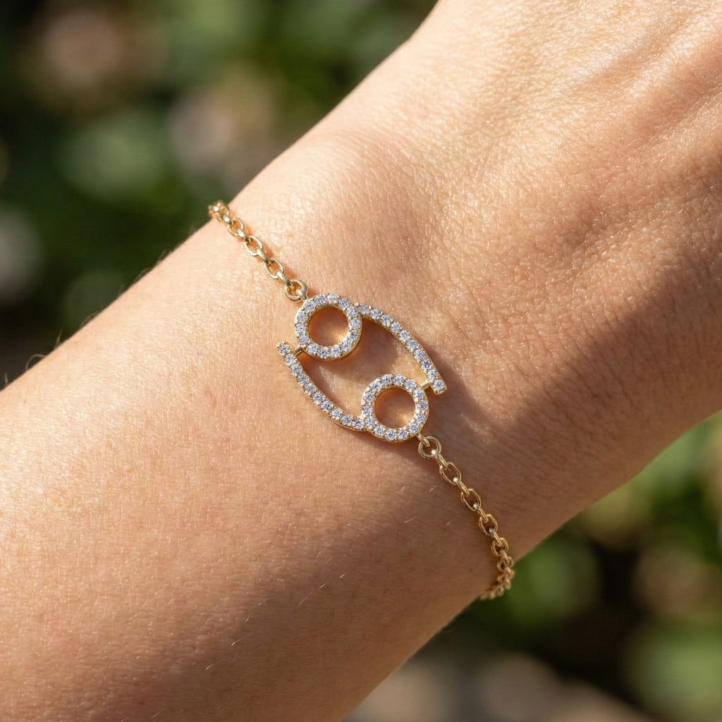 Celestial Cancer Zodiac Sign Chain Bracelet in Lab Diamond – 14k Solid Gold, Symbol Bracelet, Birthday Gift for Her, Anniversary Jewelry