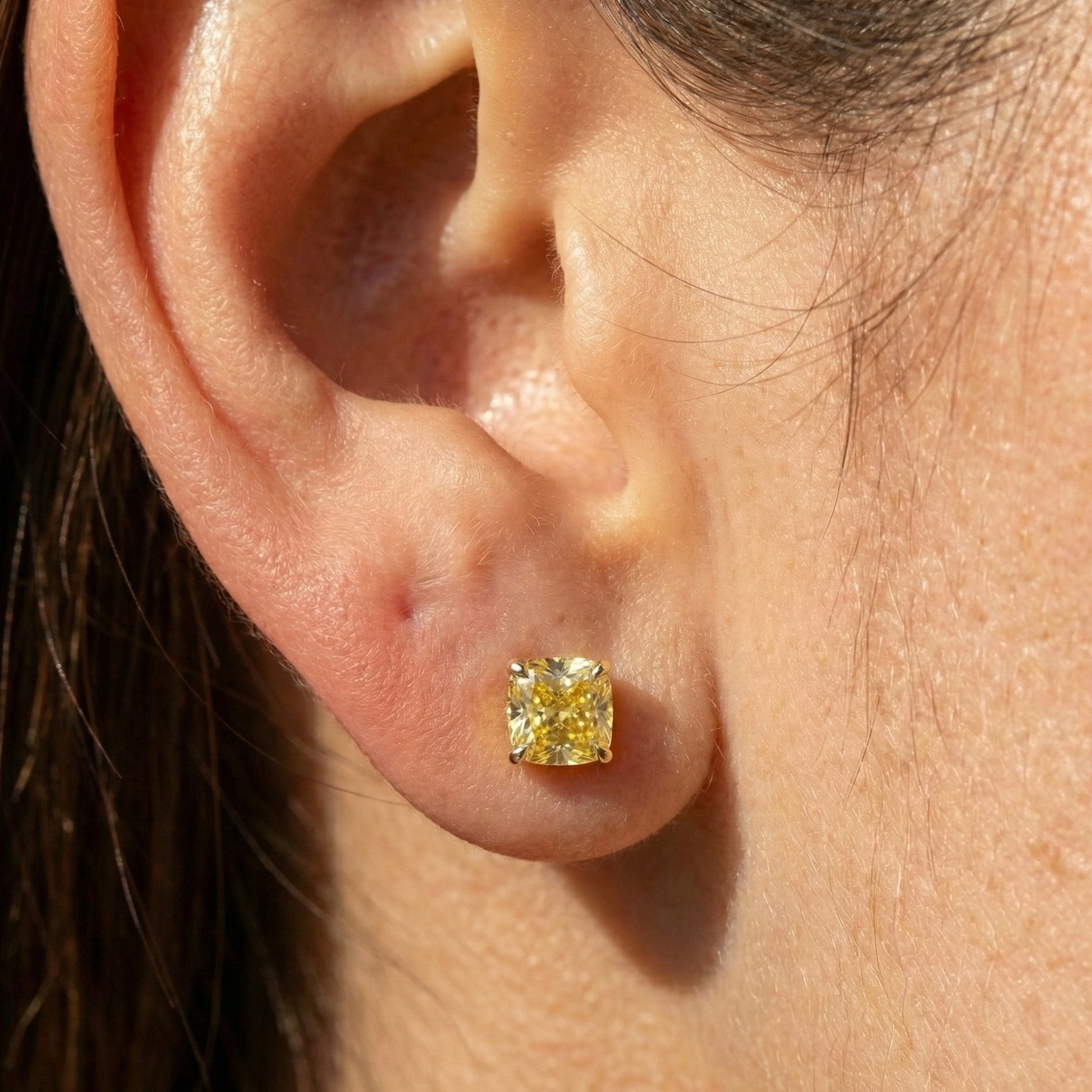 1.00 - 3.00 CT Each Stud Canary Yellow Cushion Cut Stud Earrings in Lab Diamond or Moissanite – 14K Yellow Gold, Anniversary Gift for Women
