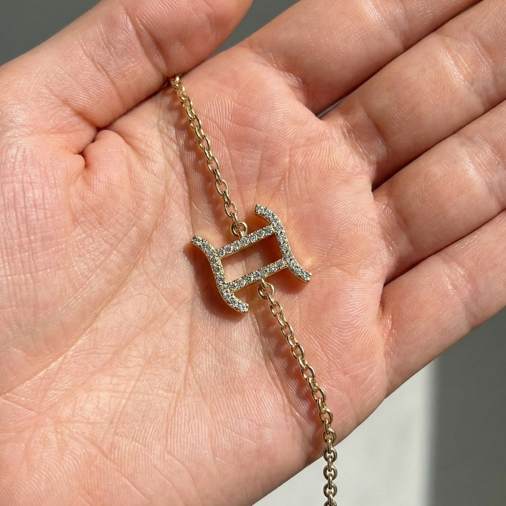 Stacking Gemini Zodiac Sign Bracelet in 14K Solid Gold, 0.34 TCW Round Cut Lab Grown Diamonds, Dainty Charm, Astrology Gift Jewelry