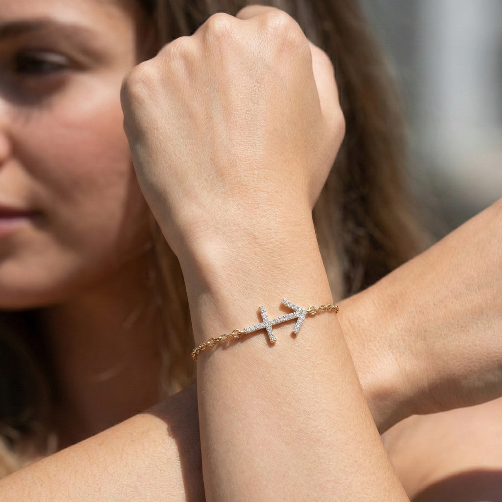 14K Yellow Gold Sagittarius Zodiac Sign Bracelet, 0.26 TCW Round Cut Lab Grown Diamonds, Birthday Gift for Her, Handmade Fine Jewelry