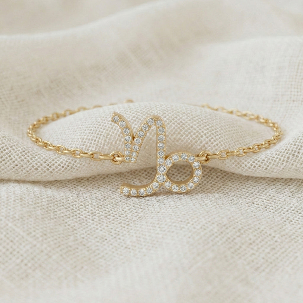 Capricorn Zodiac Sign Pavé Chain Bracelet in 14k Solid Gold, 0.37 TCW Round Cut Lab Grown Diamonds, Birthstone Jewelry, Birthday Gift for Wife