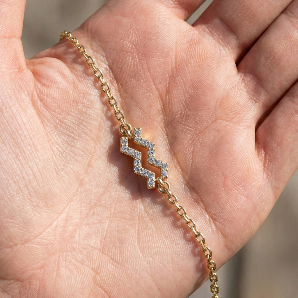 Dainty Aquarius Zodiac Sign Chain Bracelet in 14K Solid Gold, 0.18 TCW Round Cut Lab Created Diamonds, Birthstone Gift for Her, Stacking Celestial Jewelry