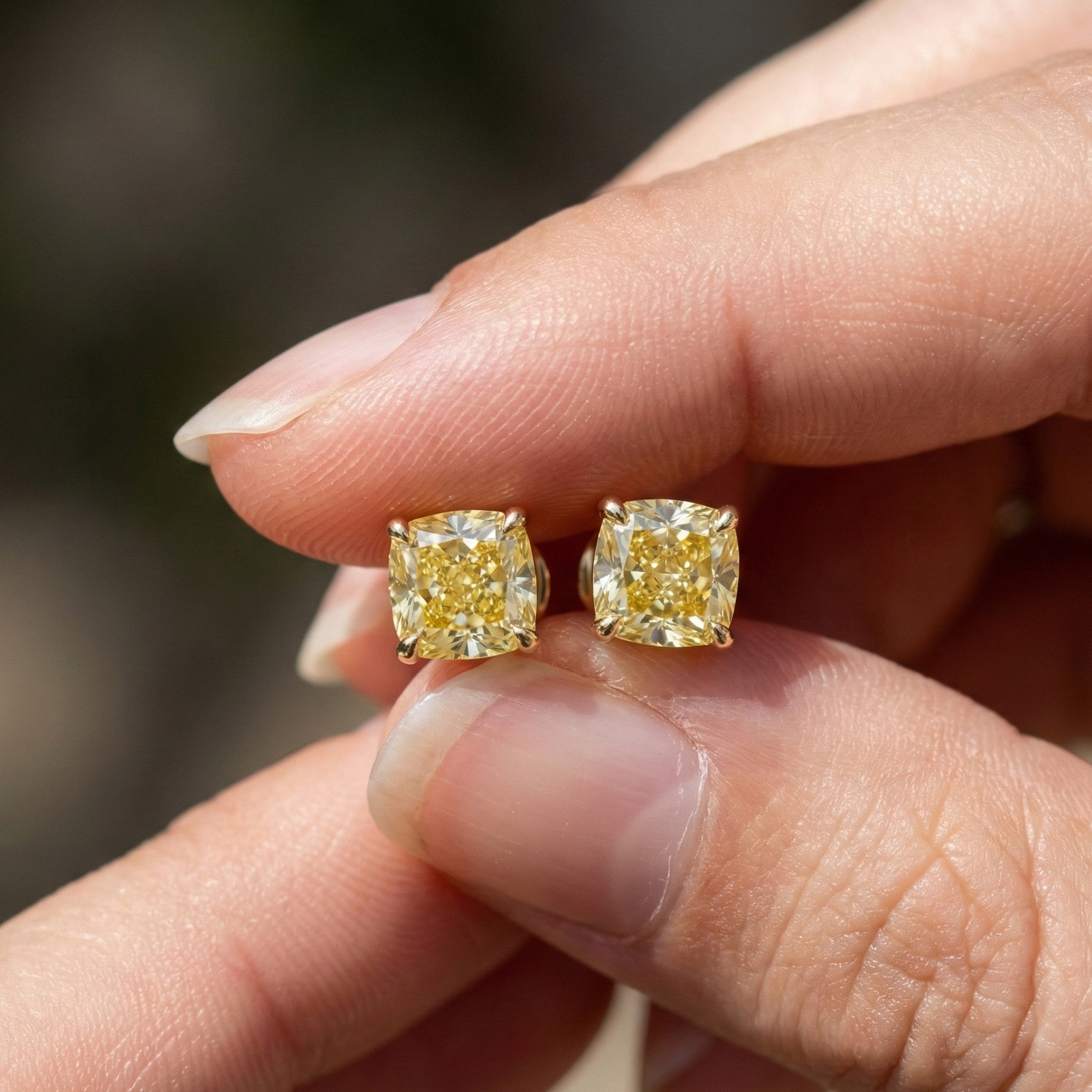 1.00 - 3.00 CT Each Stud Canary Yellow Cushion Cut Stud Earrings in Lab Diamond or Moissanite – 14K Yellow Gold, Anniversary Gift for Women