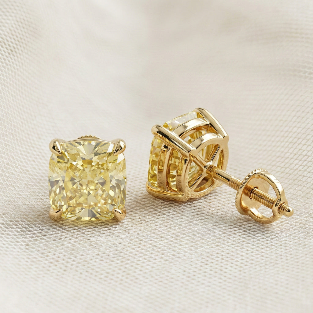 1.00 - 3.00 CT Each Stud Canary Yellow Cushion Cut Stud Earrings in Lab Diamond or Moissanite – 14K Yellow Gold, Anniversary Gift for Women