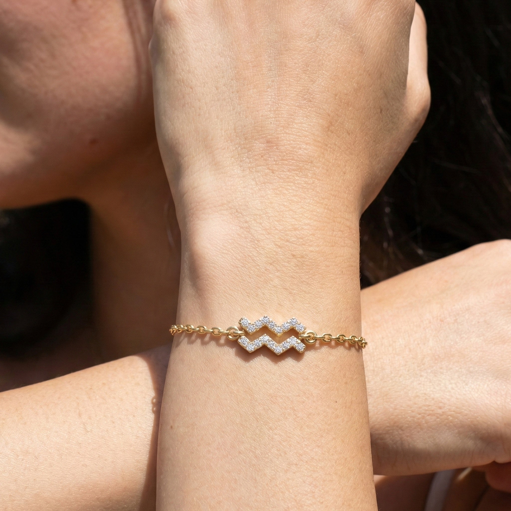 Dainty Aquarius Zodiac Sign Chain Bracelet in 14K Solid Gold, 0.18 TCW Round Cut Lab Created Diamonds, Birthstone Gift for Her, Stacking Celestial Jewelry