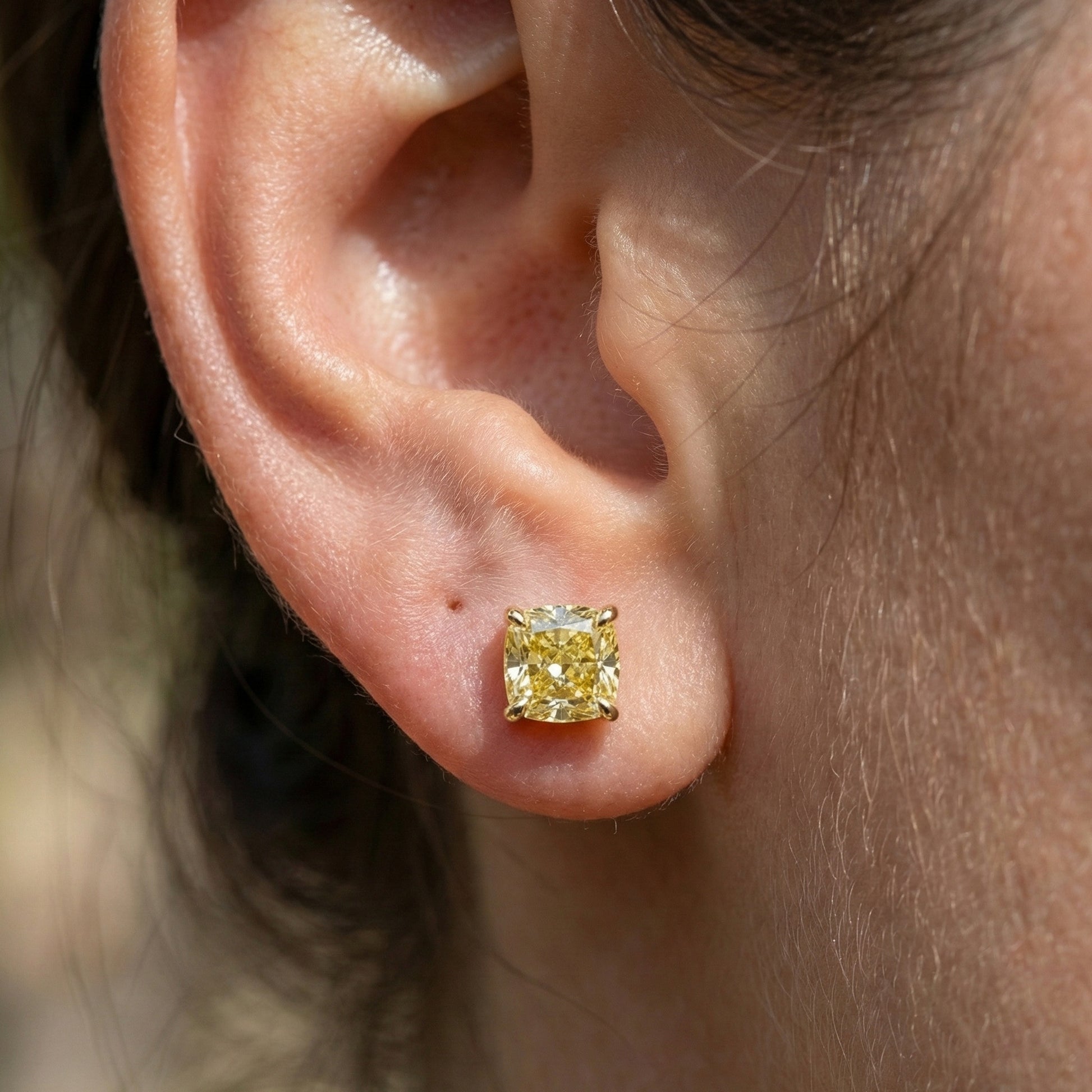 1.00 - 3.00 CT Each Stud Canary Yellow Cushion Cut Stud Earrings in Lab Diamond or Moissanite – 14K Yellow Gold, Anniversary Gift for Women