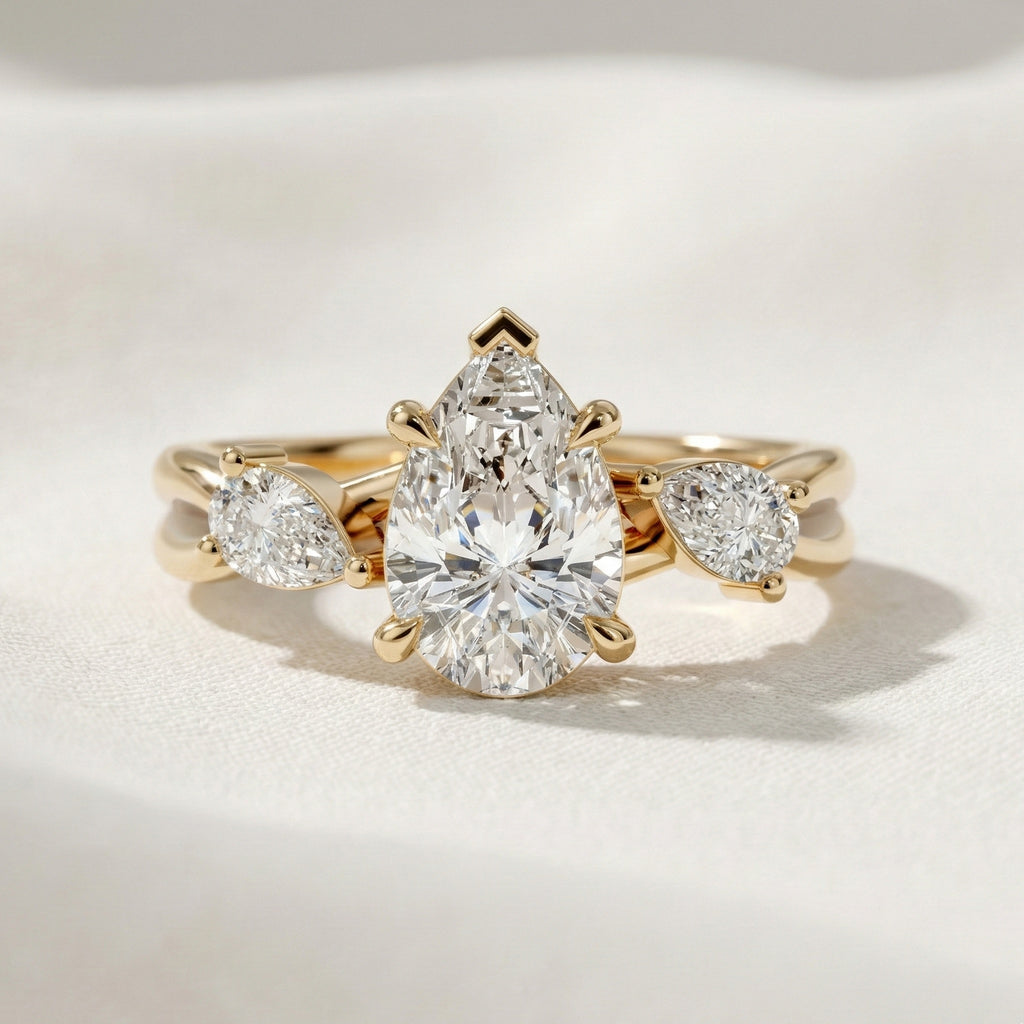 Unique Twisted Three Stone Engagement Ring in 14K Solid Gold, 1.30 TCW Pear Cut Lab Created Diamonds, Birthday Gift For Wife, Handmade Fine Jewelry