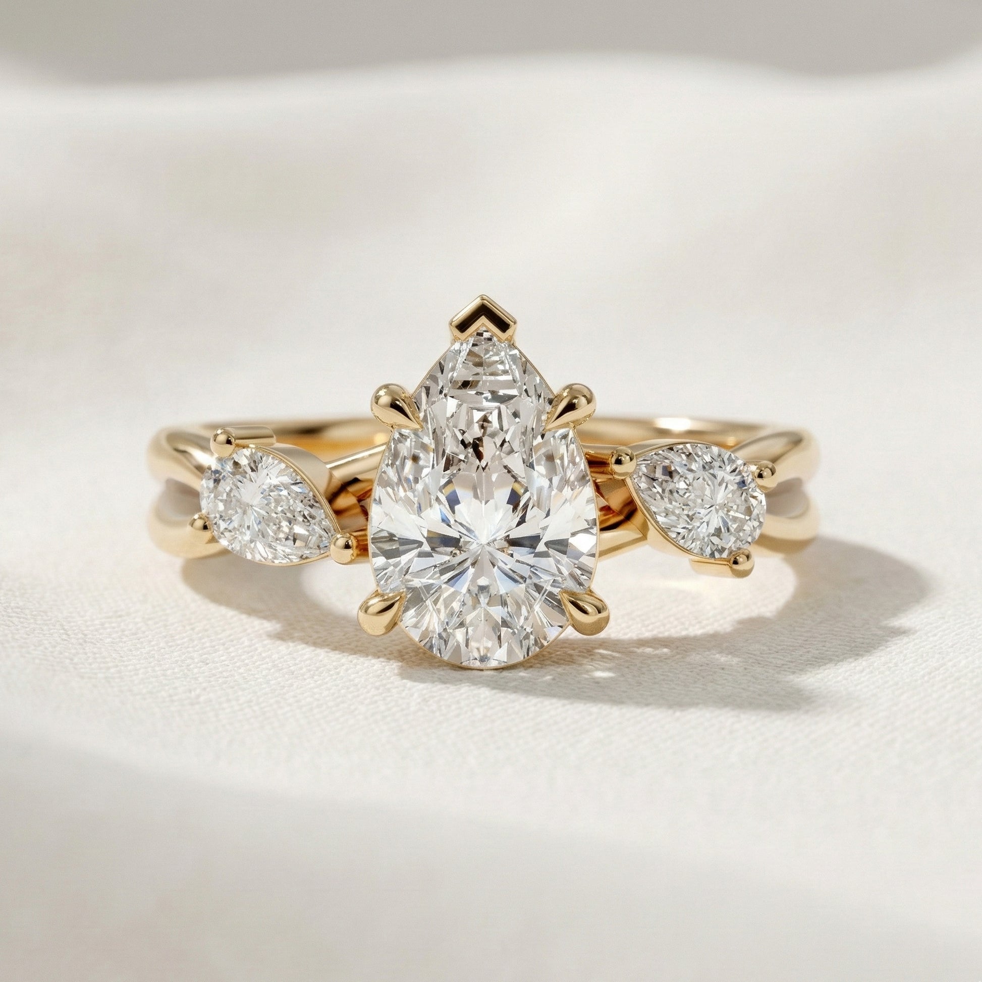 Unique Twisted Three Stone Engagement Ring in 14K Solid Gold, 1.30 TCW Pear Cut Lab Created Diamonds, Birthday Gift For Wife, Handmade Fine Jewelry