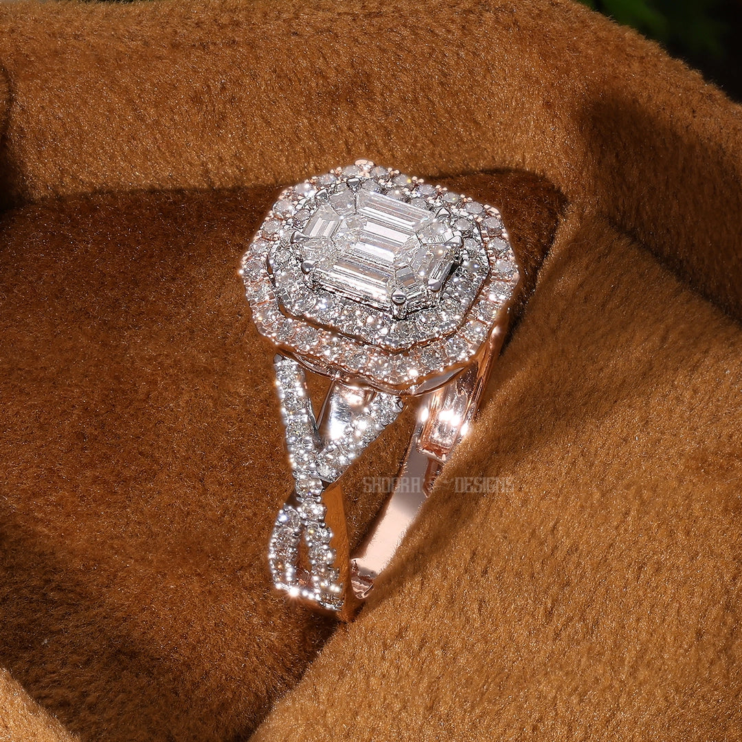 Double Halo Split Shank Pie-Cut Engagement Ring in 14K Solid Gold, 1.28 TCW Pie-cut/Round Cut Natural Diamonds, Wedding Gift for Women, Luxury Bridal Jewelry