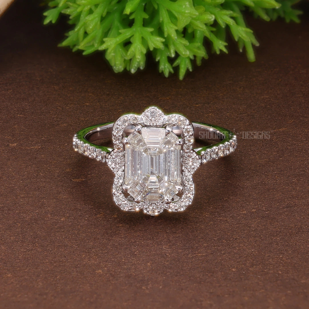 Floral Halo Pave Pie-Cut Wedding Ring in Natural Diamond – 14K Solid Gold, Handmade Bridal Jewelry, Anniversary Gift for Wife, Everyday Ring