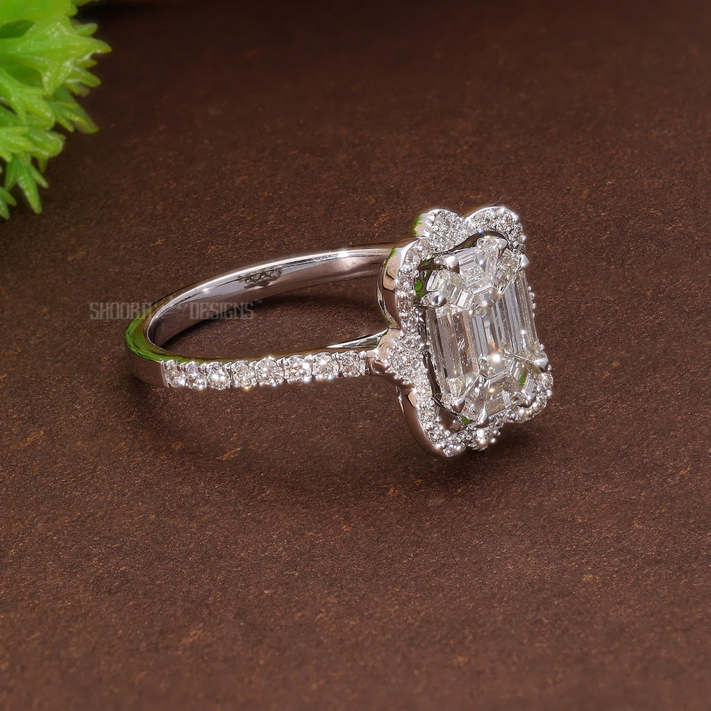 Floral Halo Pave Pie-Cut Wedding Ring in Natural Diamond – 14K Solid Gold, Handmade Bridal Jewelry, Anniversary Gift for Wife, Everyday Ring