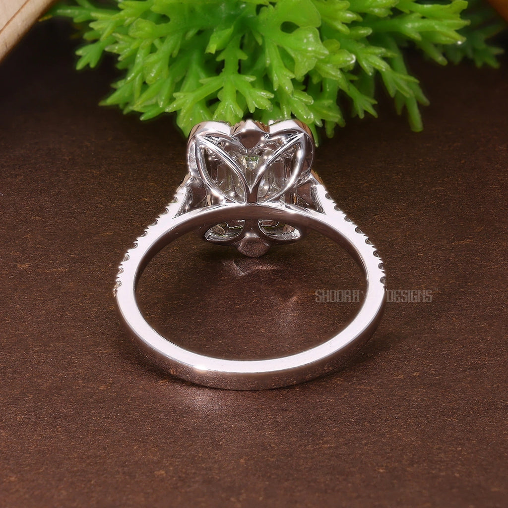 Floral Halo Pave Pie-Cut Wedding Ring in Natural Diamond – 14K Solid Gold, Handmade Bridal Jewelry, Anniversary Gift for Wife, Everyday Ring