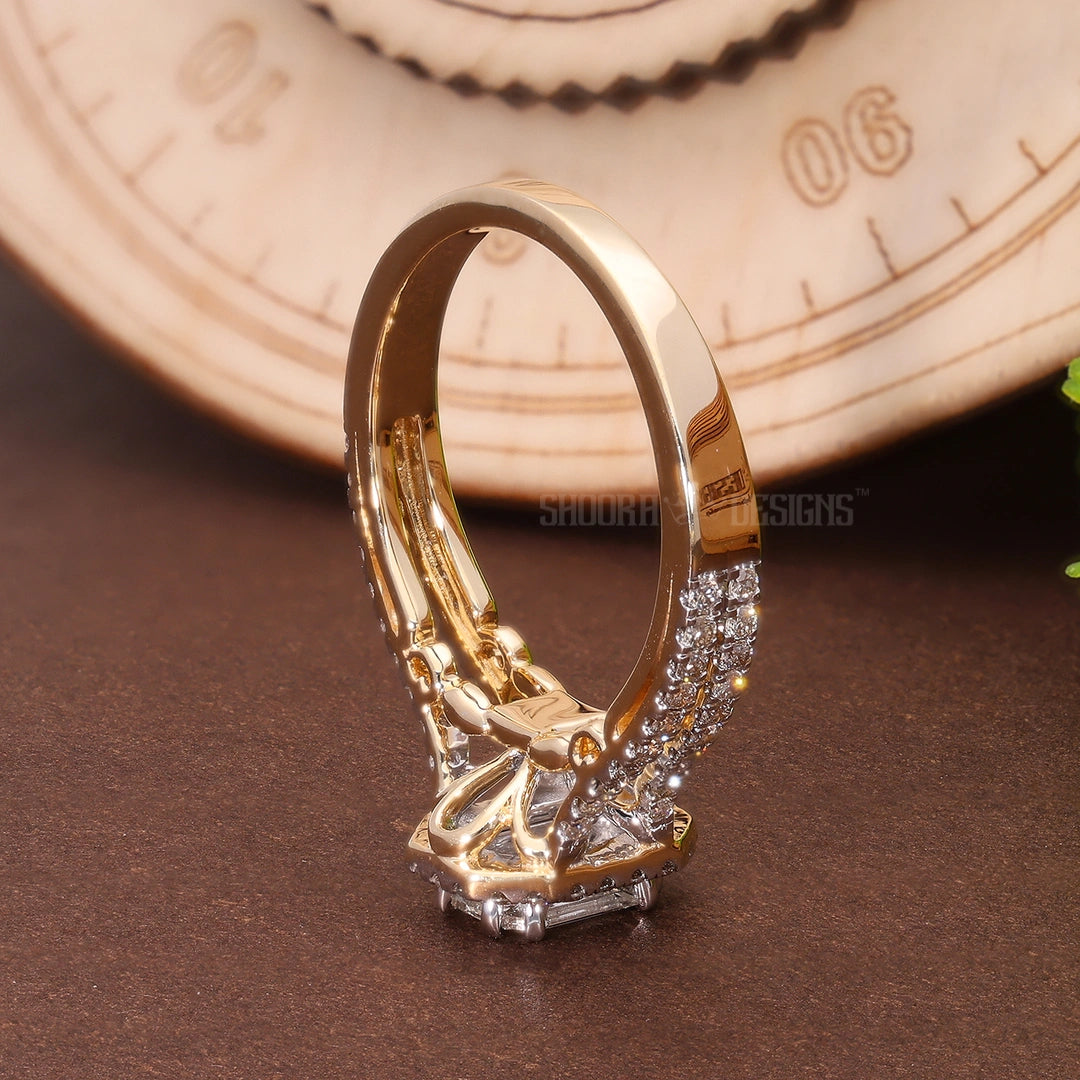 Pie-Cut Emerald Illusion Halo Split Shank Engagement Ring in Natural Diamonds – 14k Solid Gold, Pie Cut Ring For Women, Anniversary Gift, Handmade Jewelry