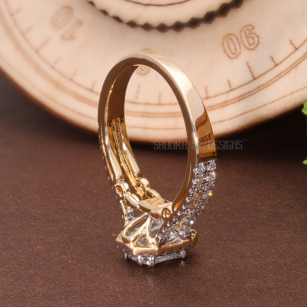 Pie-Cut Emerald Illusion Halo Split Shank Engagement Ring in Natural Diamonds – 14k Solid Gold, Pie Cut Ring For Women, Anniversary Gift, Handmade Jewelry