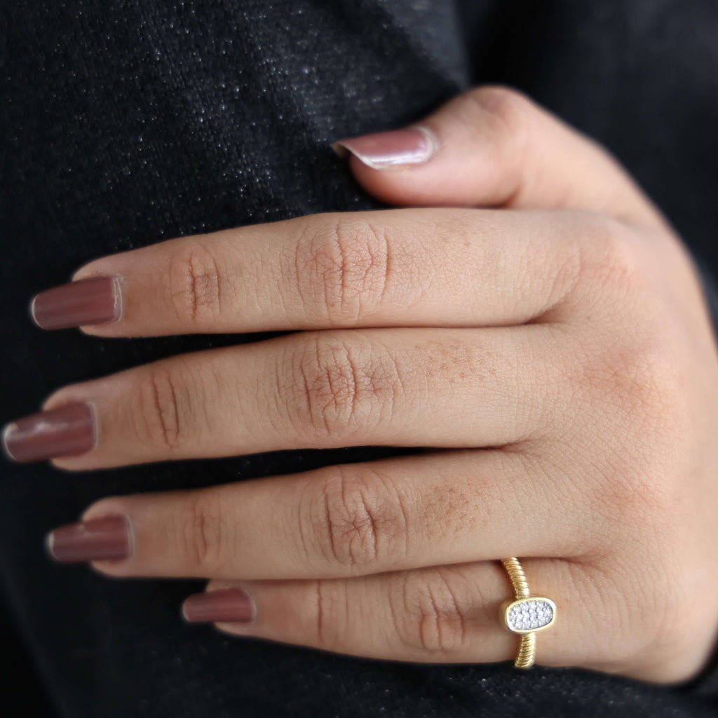 Cluster Oval Pavé Textured Band Engagement Ring in 14k Solid Gold, 0.08 TCW Round Cut Lab grown diamonds, Promise Ring, Wedding Gift for Her