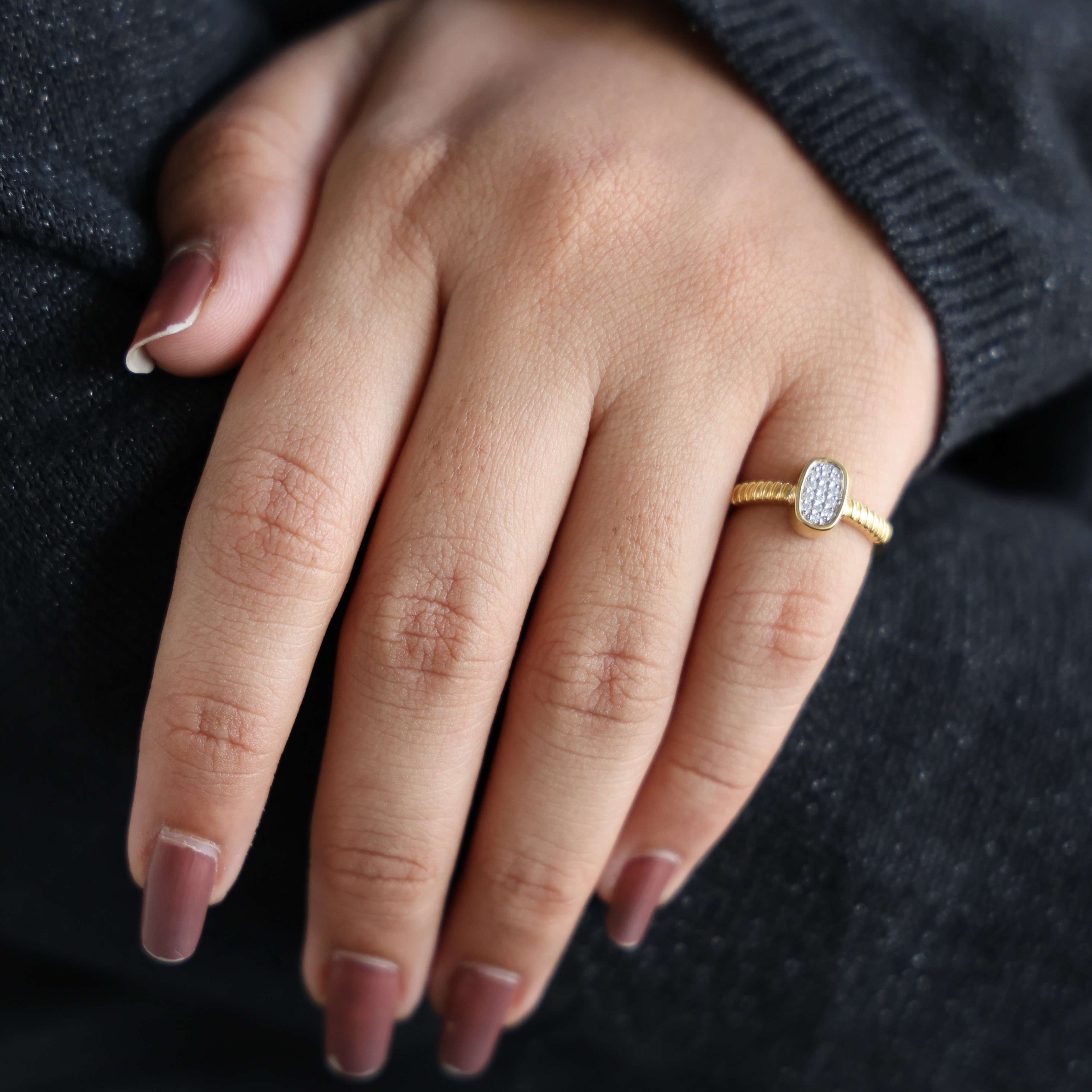 Cluster Oval Pavé Textured Band Engagement Ring in 14k Solid Gold, 0.08 TCW Round Cut Lab grown diamonds, Promise Ring, Wedding Gift for Her